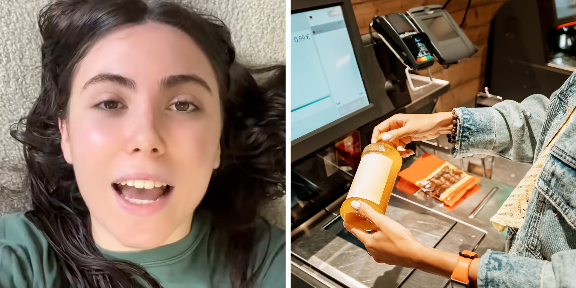 Woman talking(l), Hands at self checkout(r)