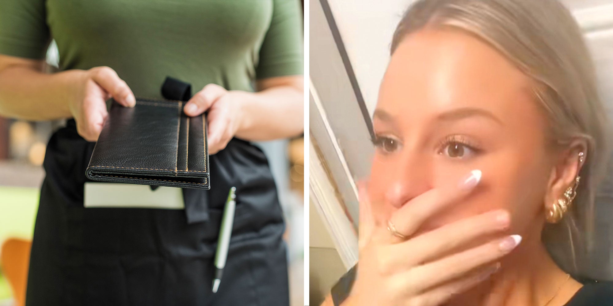 Left: Photo of a Waitress handing over a check; Right: Screenshot of Tiktok user @user122334456779.