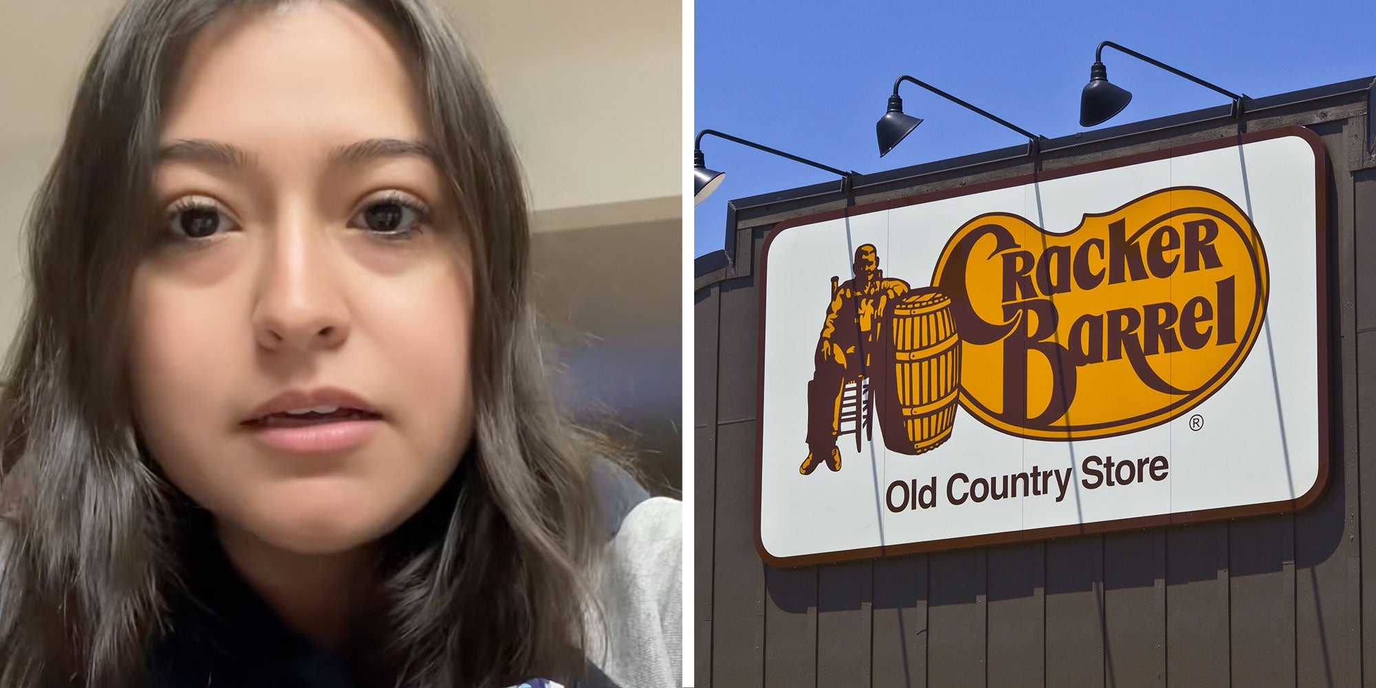 Screenshot of Tiktok user @tilapiia; Photo of a Cracker Barrel Old Country Store sign.