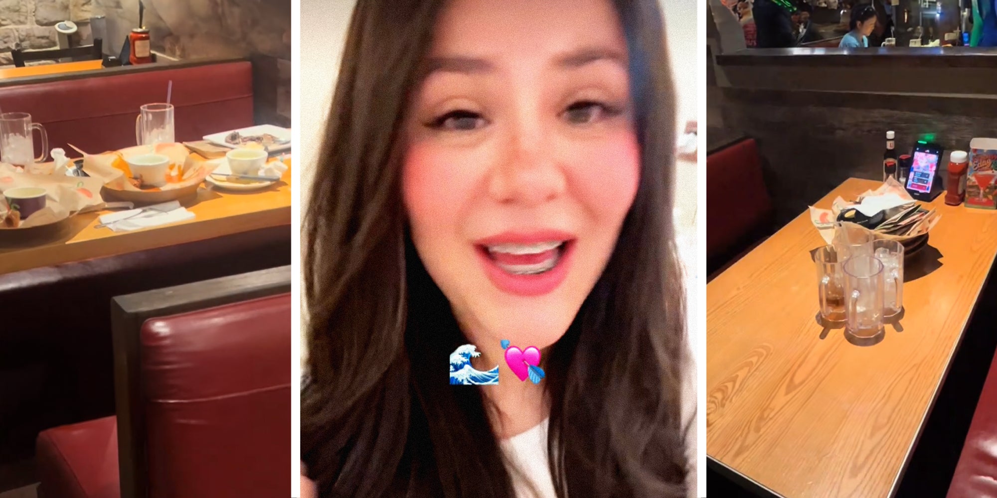 3 panel image of a person in the middle and restaurant tables on the side. On the left is one full of dishes, on the right the dishes are nicely organized.