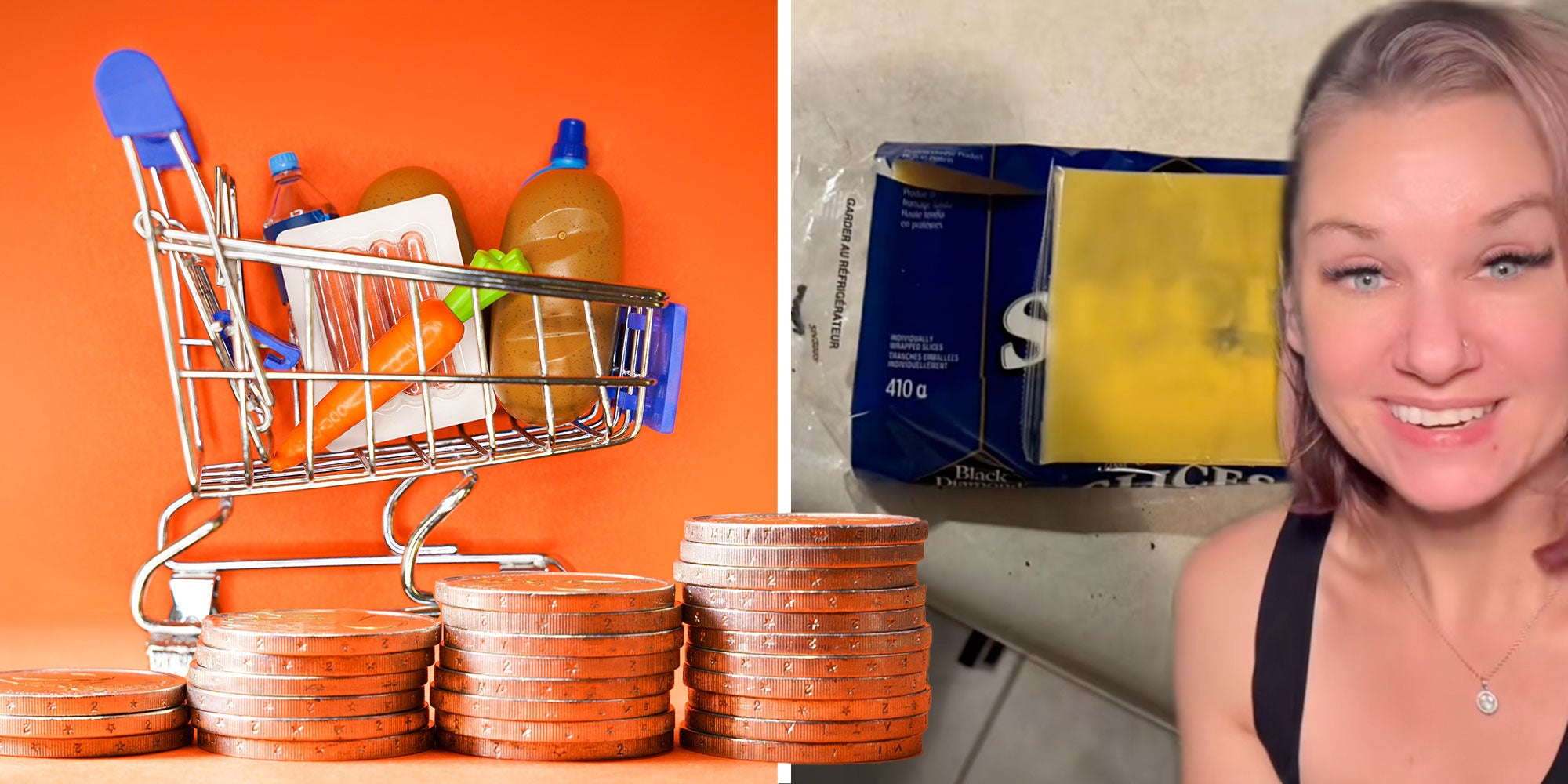 Photo of a miniature grocery cart with stacked coins; Screenshot from Tiktok user @realmelissasimo with a package of see-through cheese.