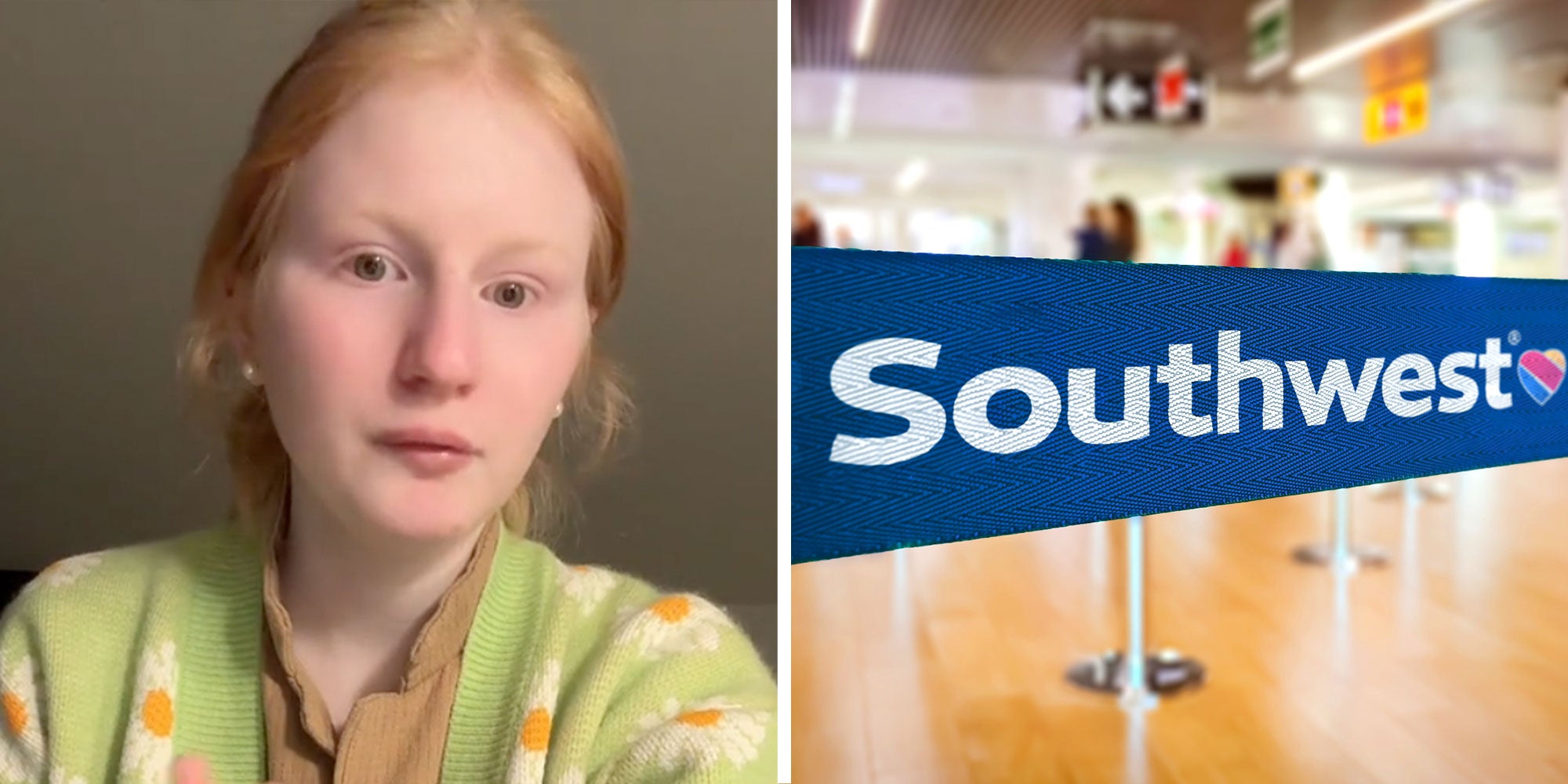 Screenshot of Tiktok user @mylilmad; Photo of a Southwest Airlines belt barrier at an airport.