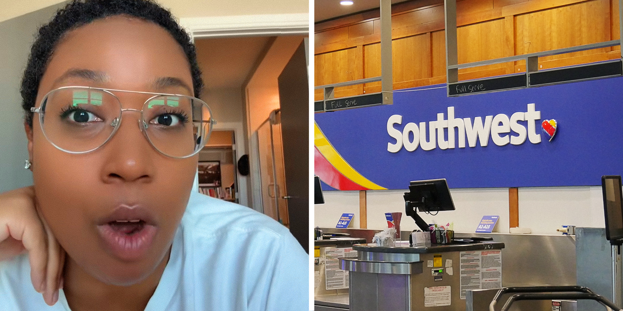 Woman looking shocked on left. Southwest sign at airport on right.