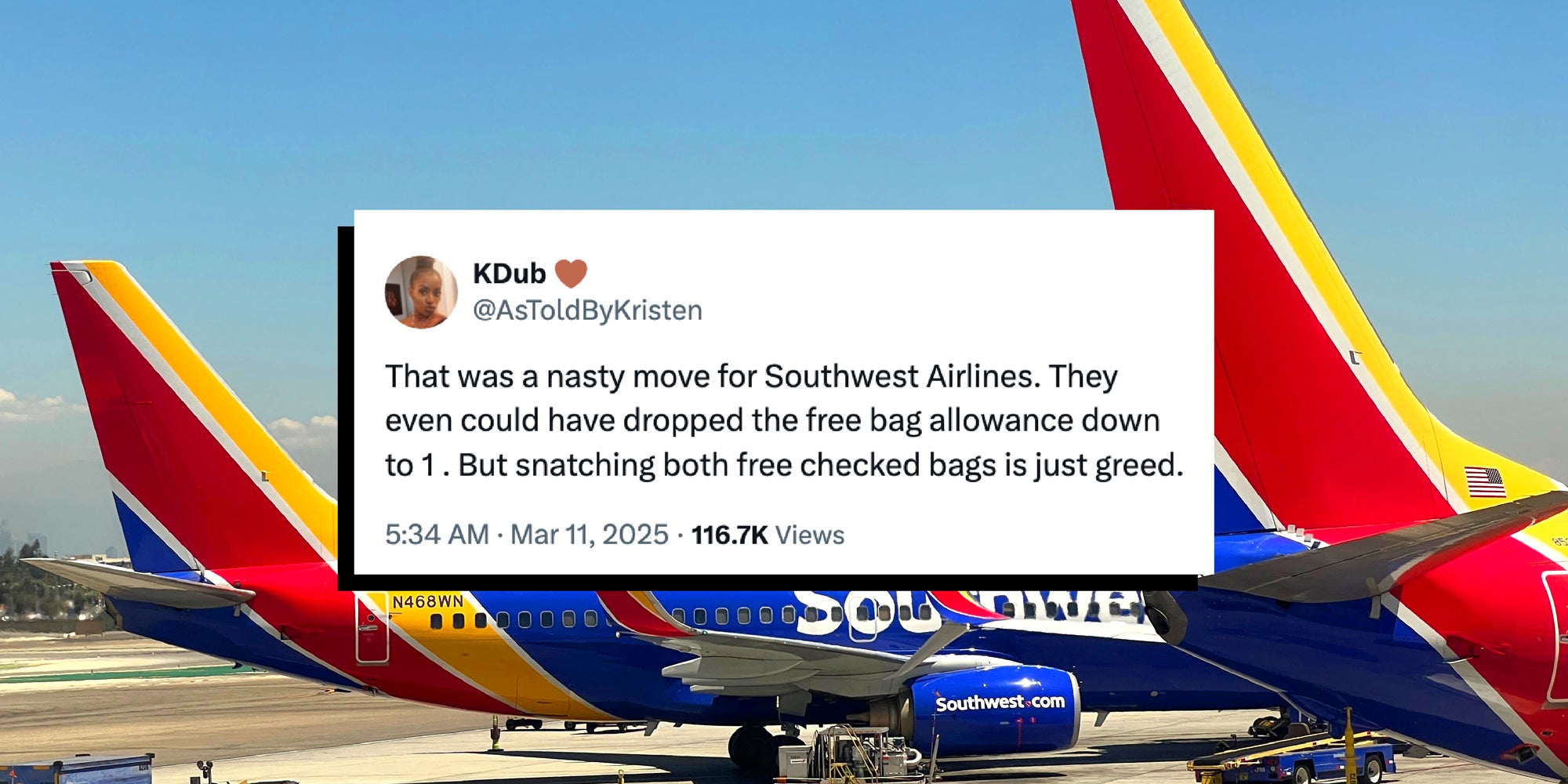 A tweet over Southwest airplanes on the airport runway. Text reads, 'That was a nasty move for Southwest Airlines. They even could have dropped the free bag allowance down to 1 . But snatching both free checked bags is just greed.'
