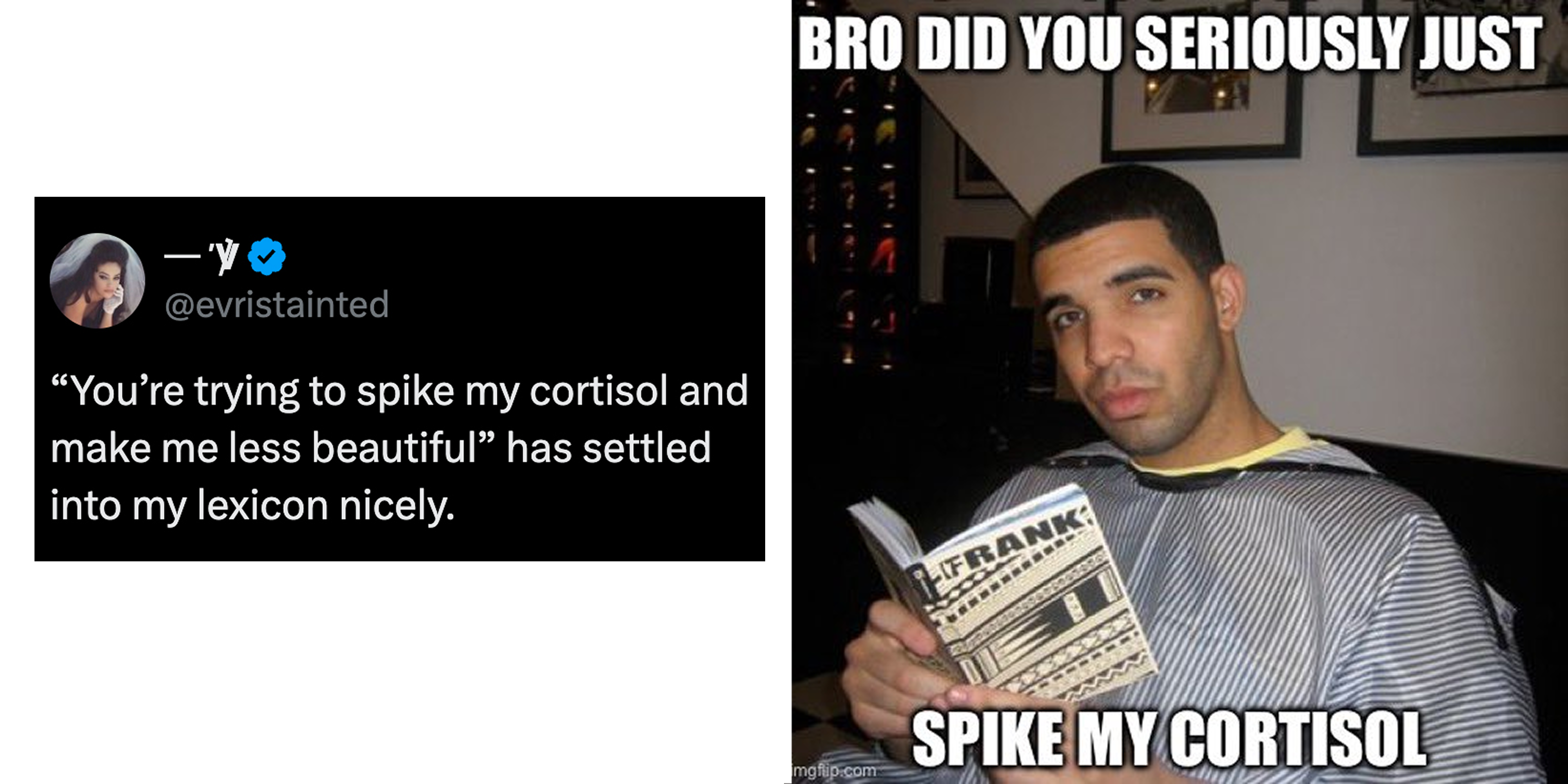 Left side: Tweet reading 'You’re trying to spike my cortisol and make me less beautiful' has settled into my lexicon nicely.' Right side: Drake reading a book meme, overlaid with a caption reading 'Bro did you seriously just spike my cortisol'