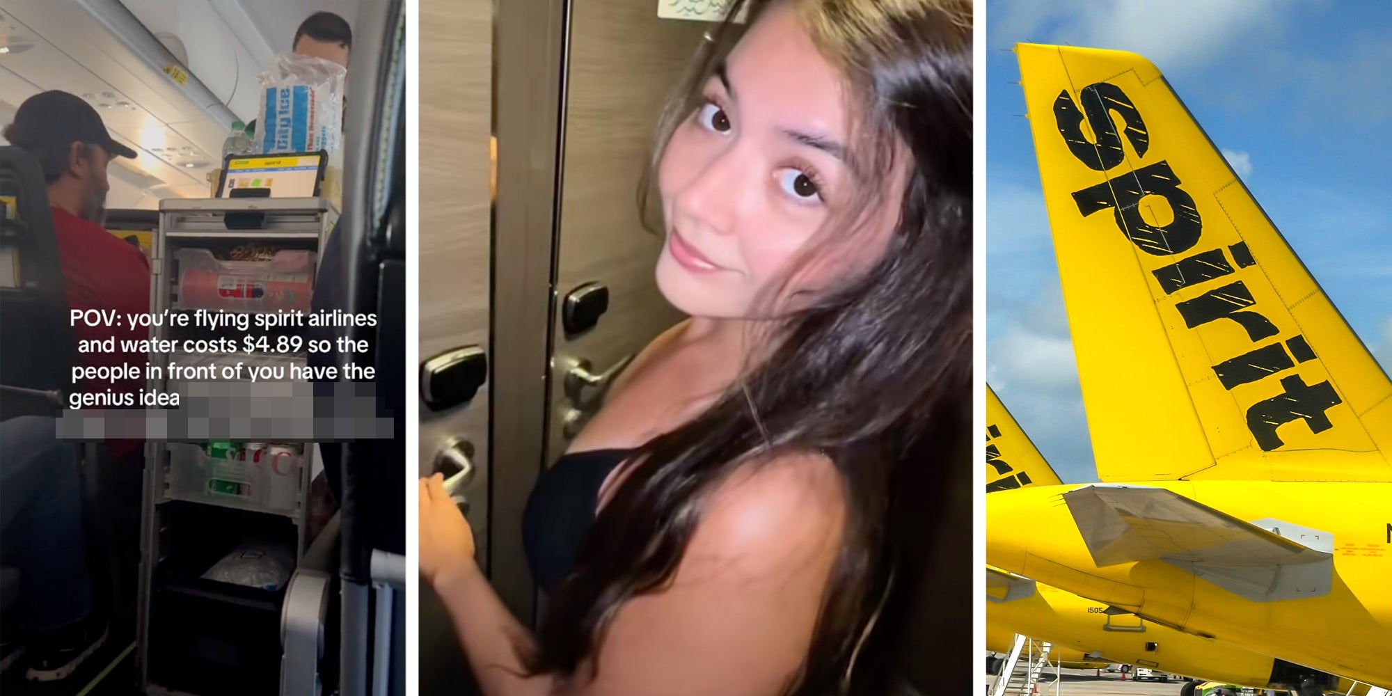 Cart on plane with text 'pov you're flying spirit airlines and water costs $4.89 so the people in front of you have the genius idea *redacted*'(l), Woman talking(c), Spirit airplane(r)