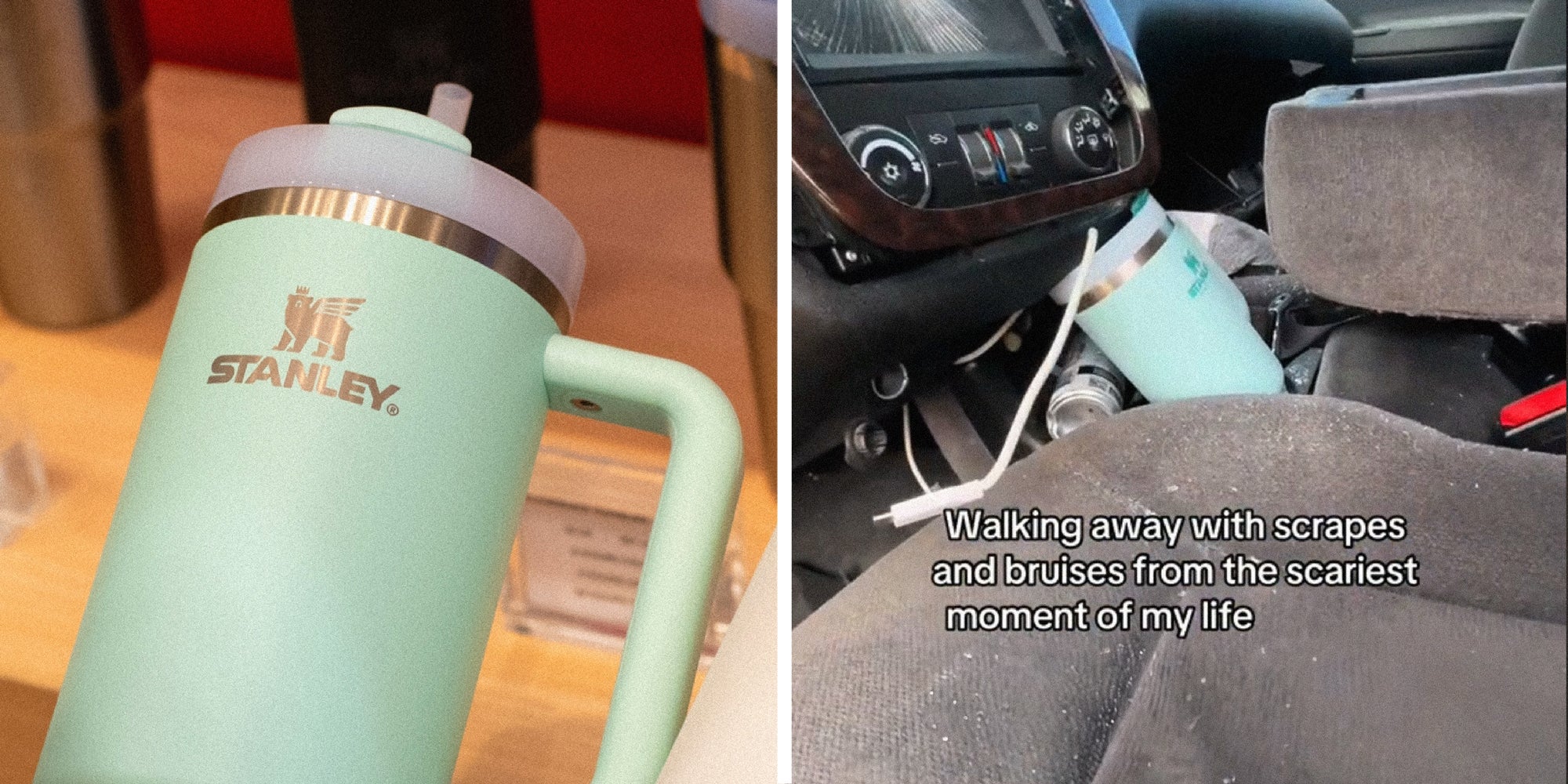 2 panel image: a Stanley cup in a store and the interior if a crashed car.