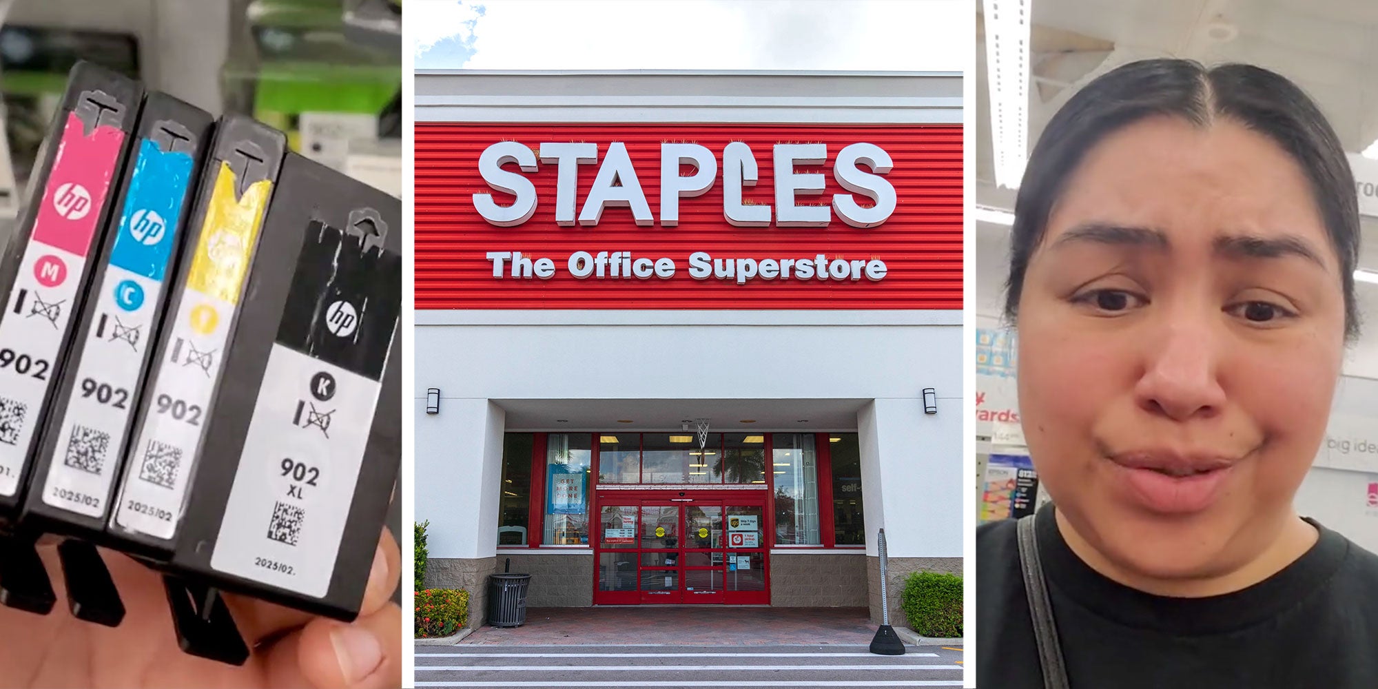 Left: Screenshot from Tiktok user @trygal holding HP Ink Cartridges; Center: Photo of a Staples exterior; Right: Screenshot of Tiktok user @trygal.