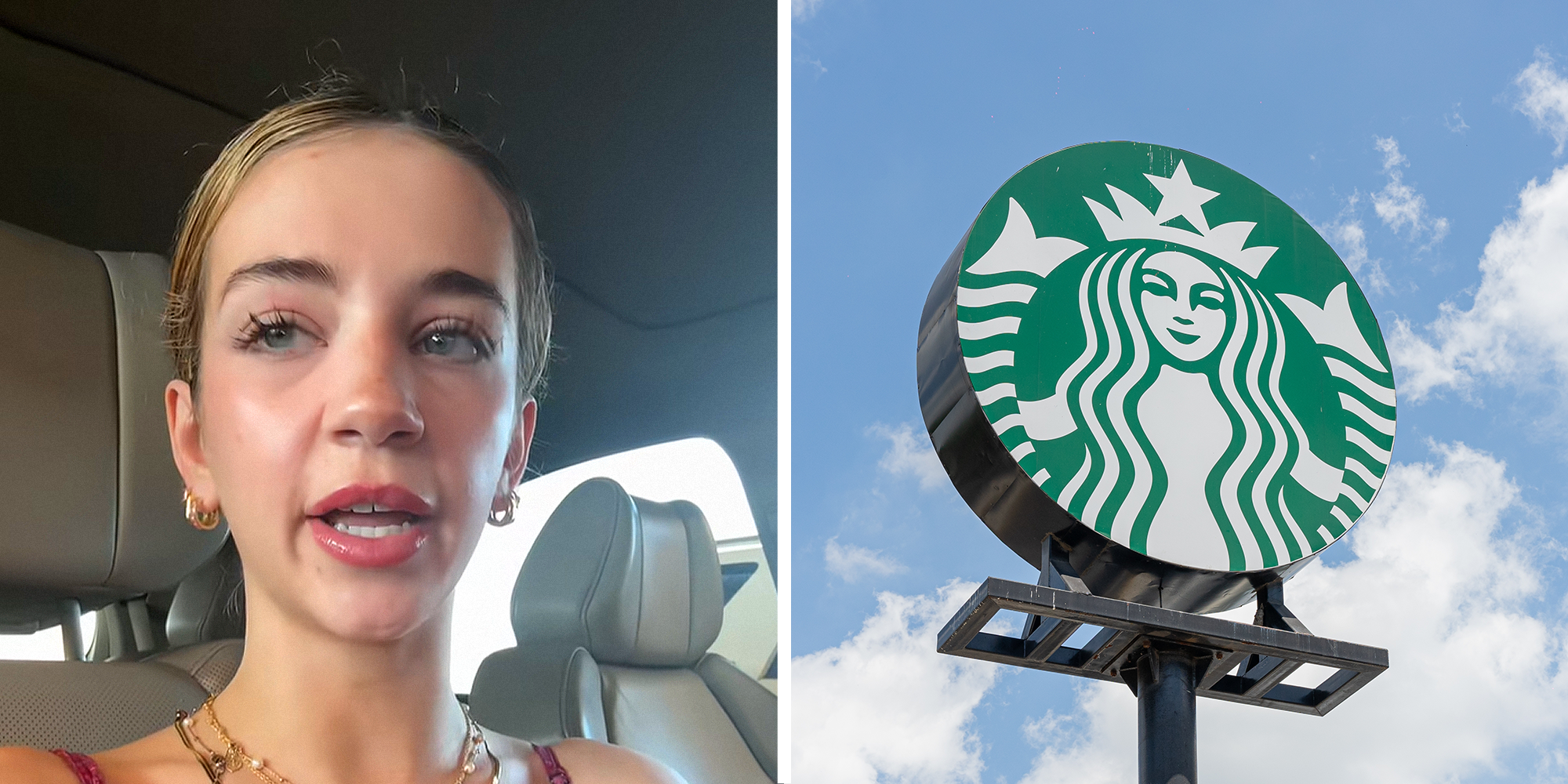 Split image. Woman in car explaining experience at Starbucks on left. Starbucks signage with clouds behind on right.