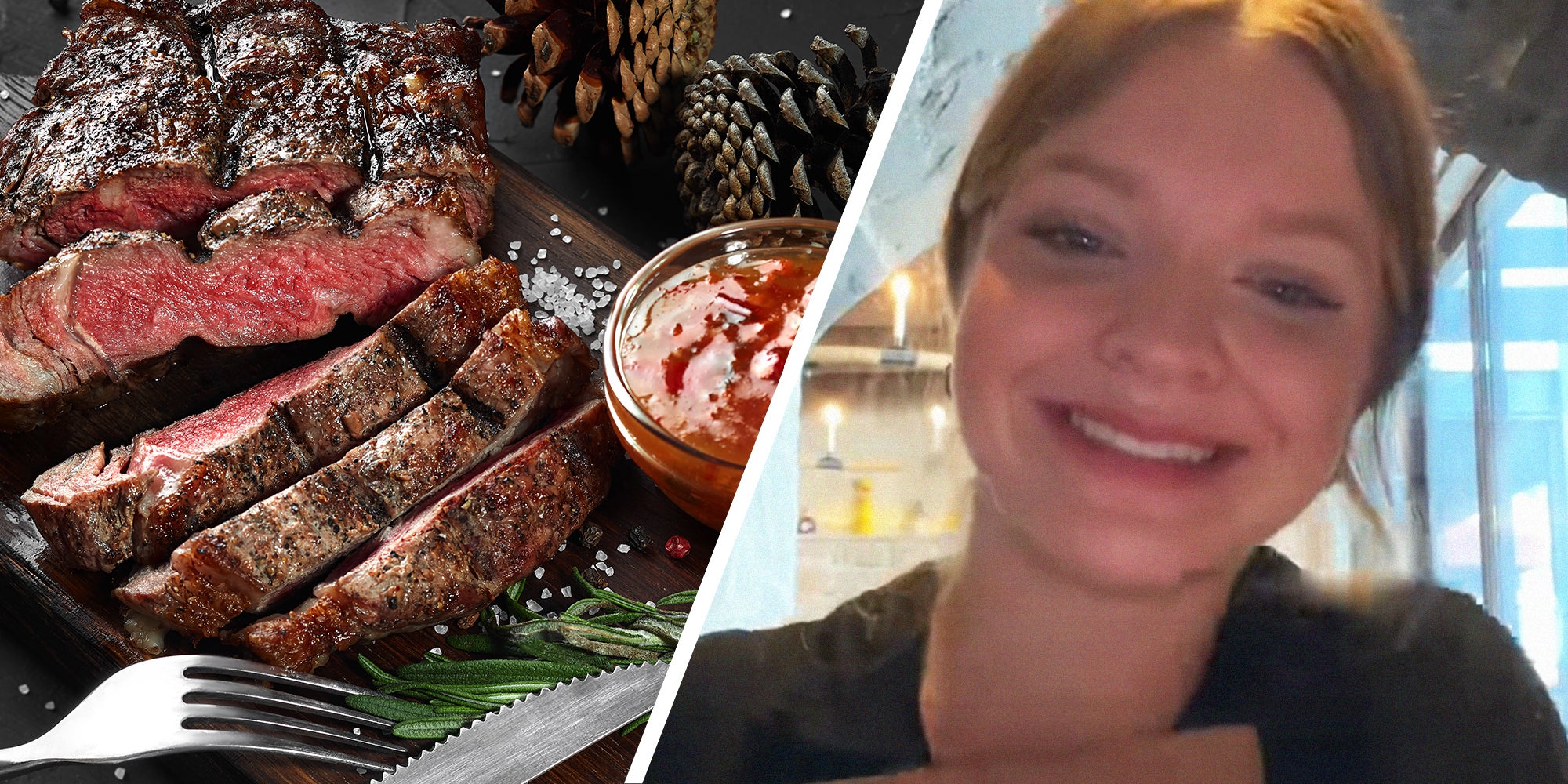 Sliced grilled medium rare beef steak(l) Server shares experience taking an order from customer(r)