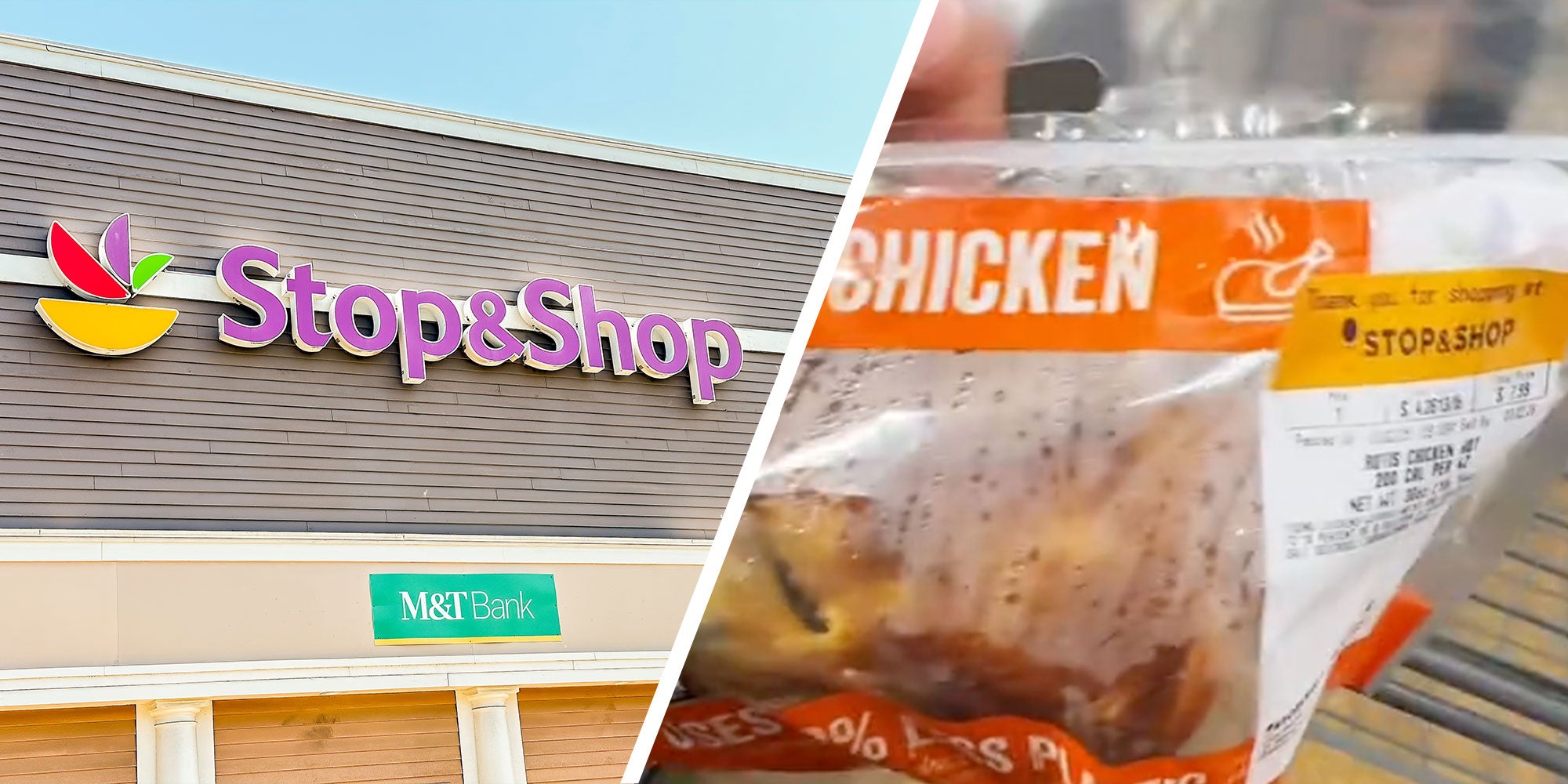 Left: Exterior of a Stop & Shop supermarket; Right: Screeenshot from @knightfall__vader's Tiktok of a Stop & Shop Rotisserie Chicken