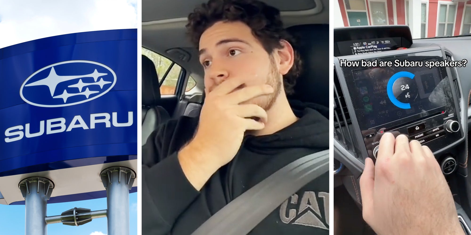 Subaru sign(l), Man with hand over mouth(c), Hand on speaker with text 'how bad are subaru speakers'(r)