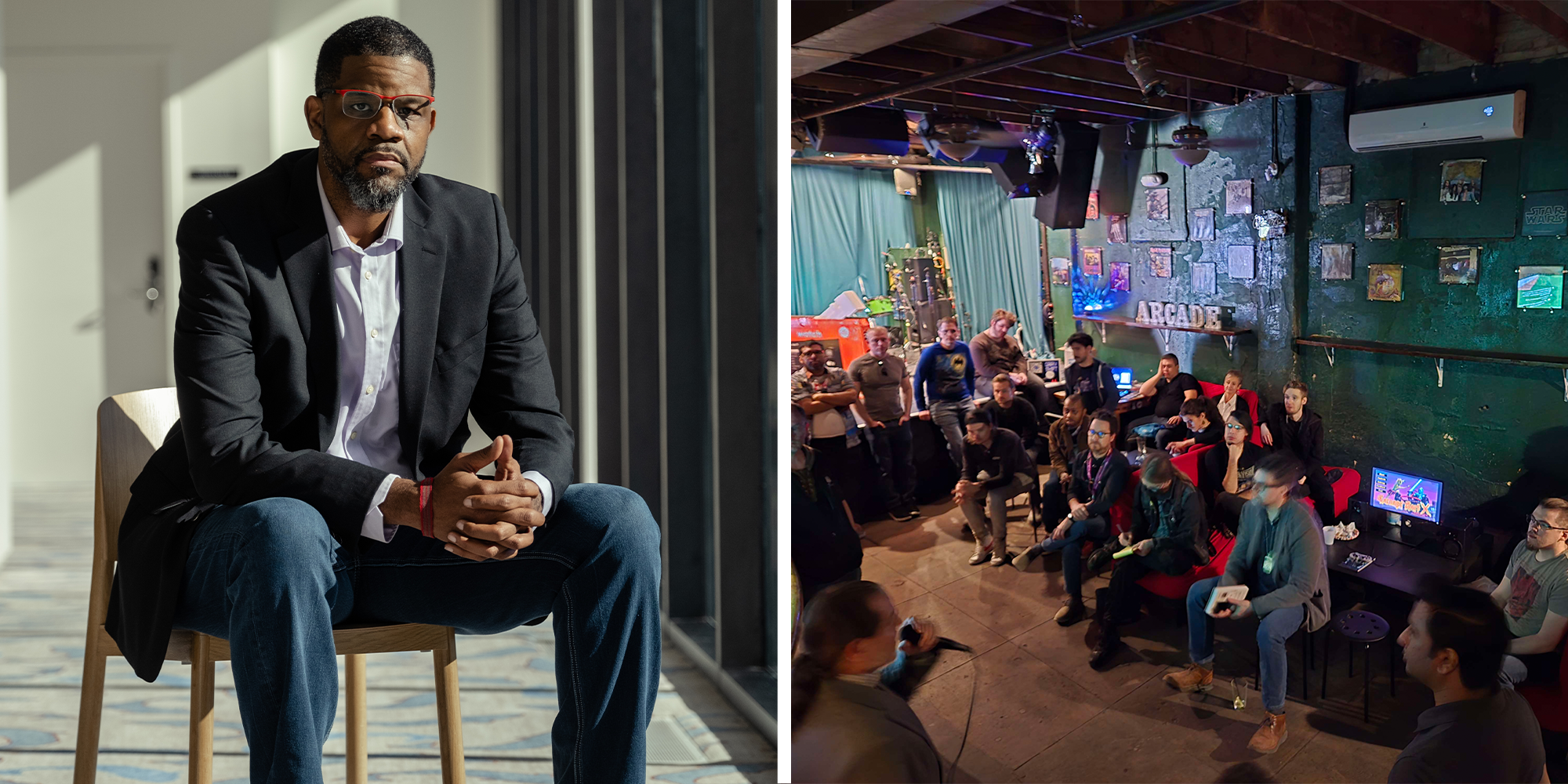 Donald Sit on left. Room full of people at SXSW on right.