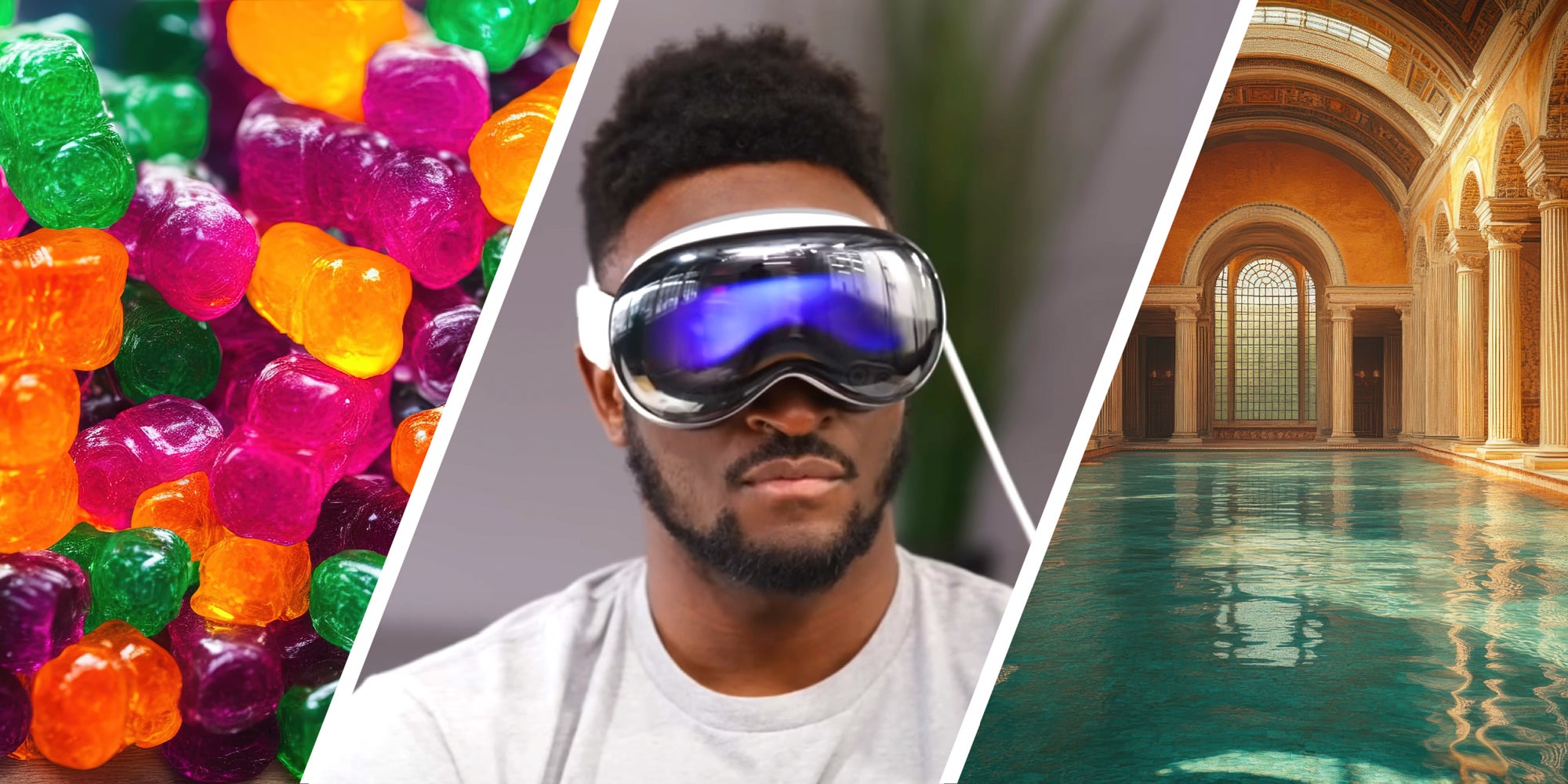 3-panel image: on the left a pile of gummy candies, in the middle a person wearing an Apple headset, and on the right a bathhouse interior.