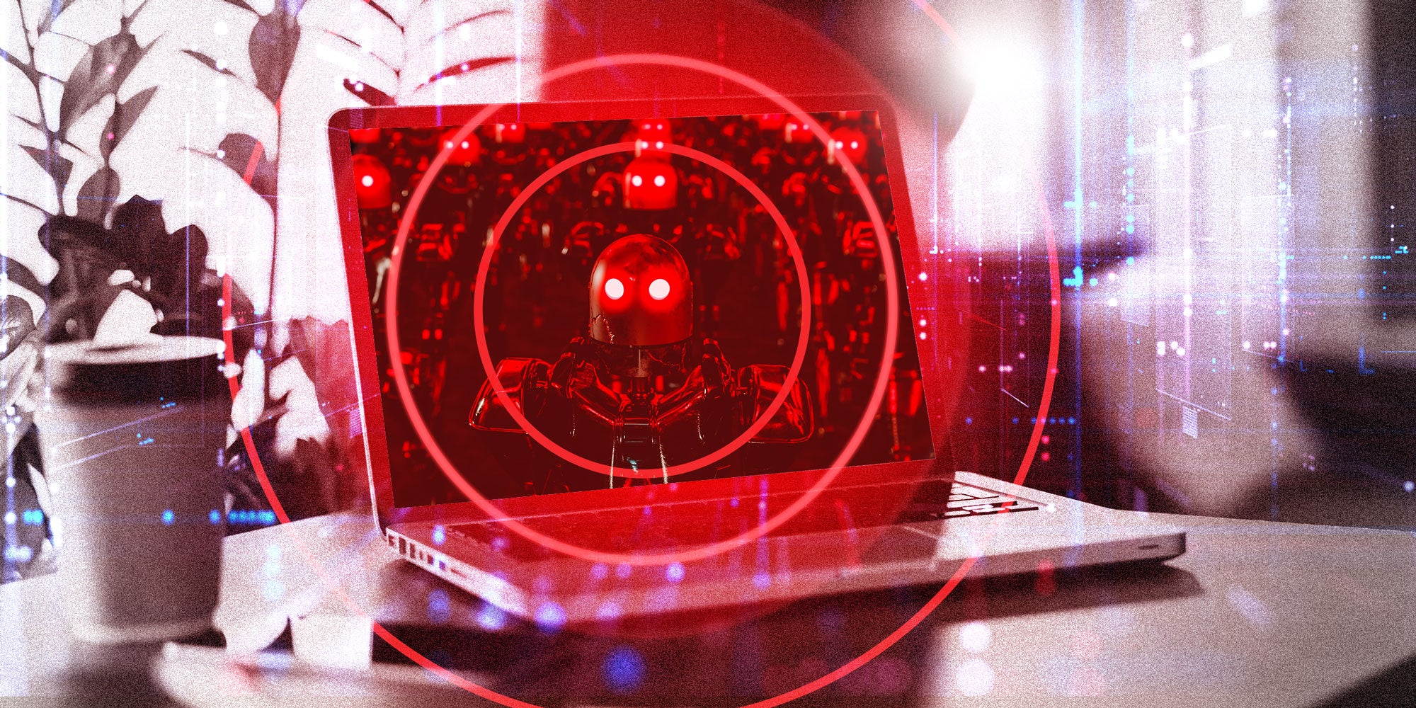Photo illustration of a laptop on a desk with an ominous robot army on the laptop screen.