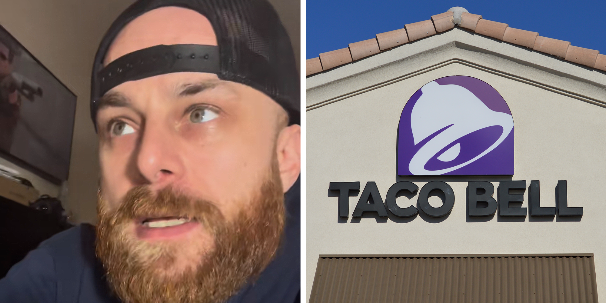 Man looking frustrated on left. Tacobell storefront on right.