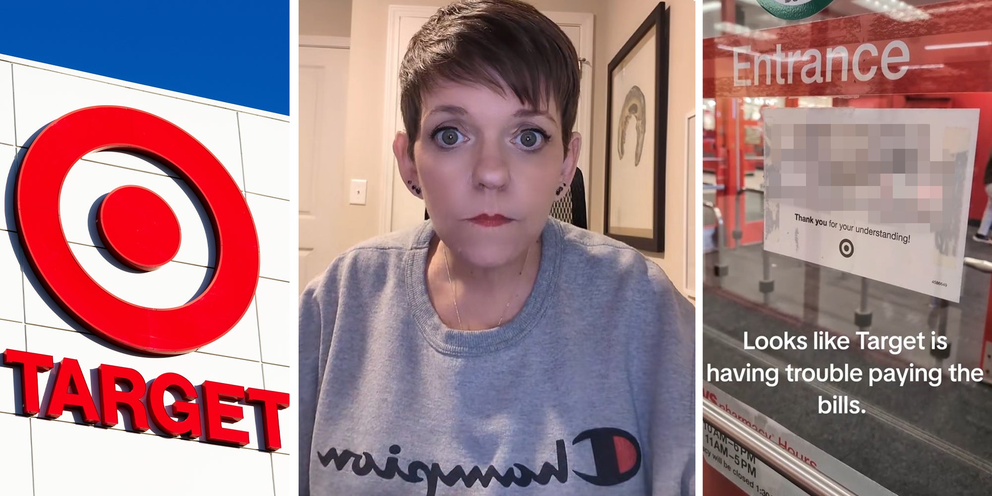 Target Store Logo on building({l) woman shares what she saw at target store(c) Sign on target entrance door(r)