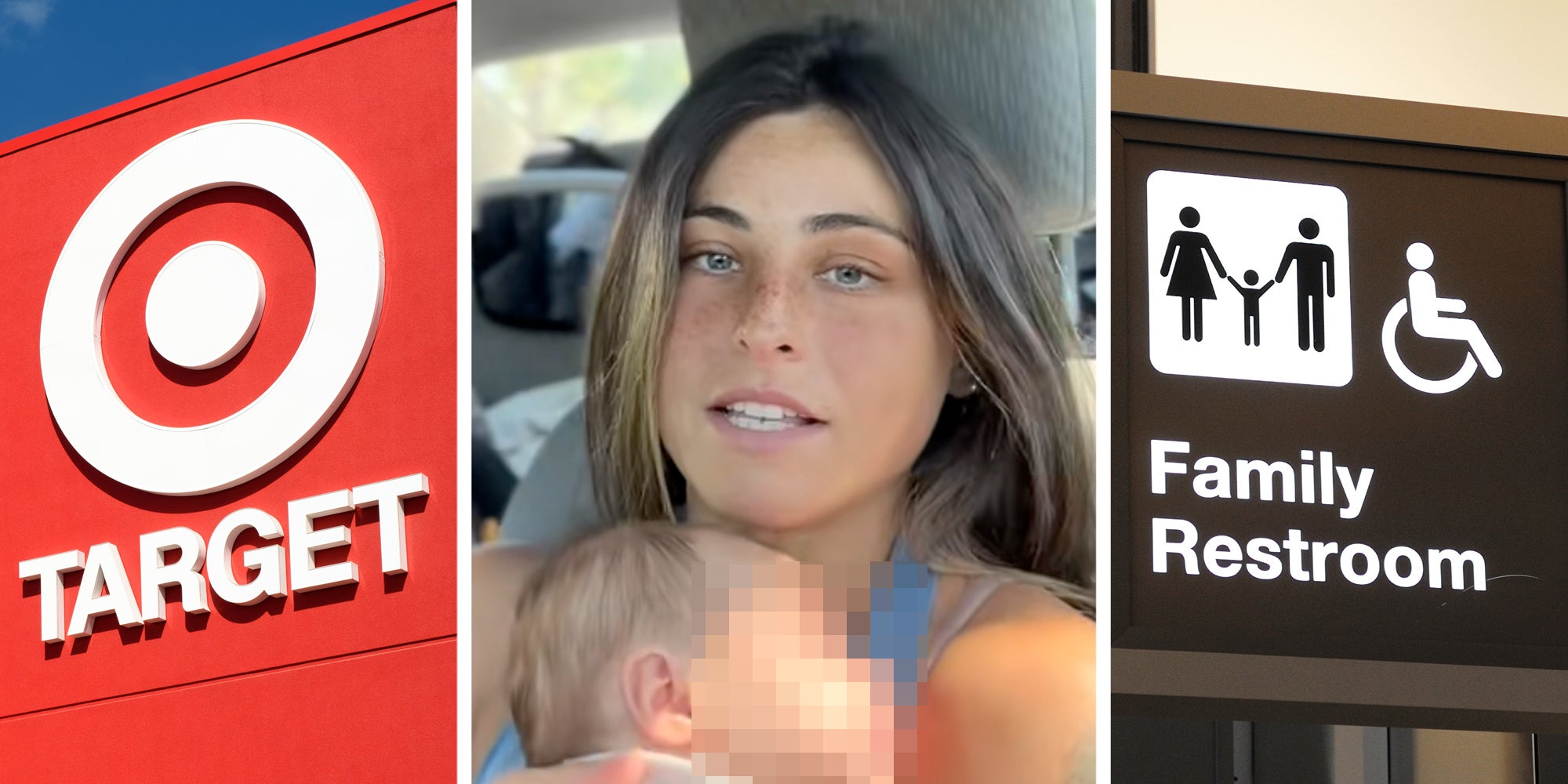 Target sign(l), Woman talking(c), Family restroom sign(r)