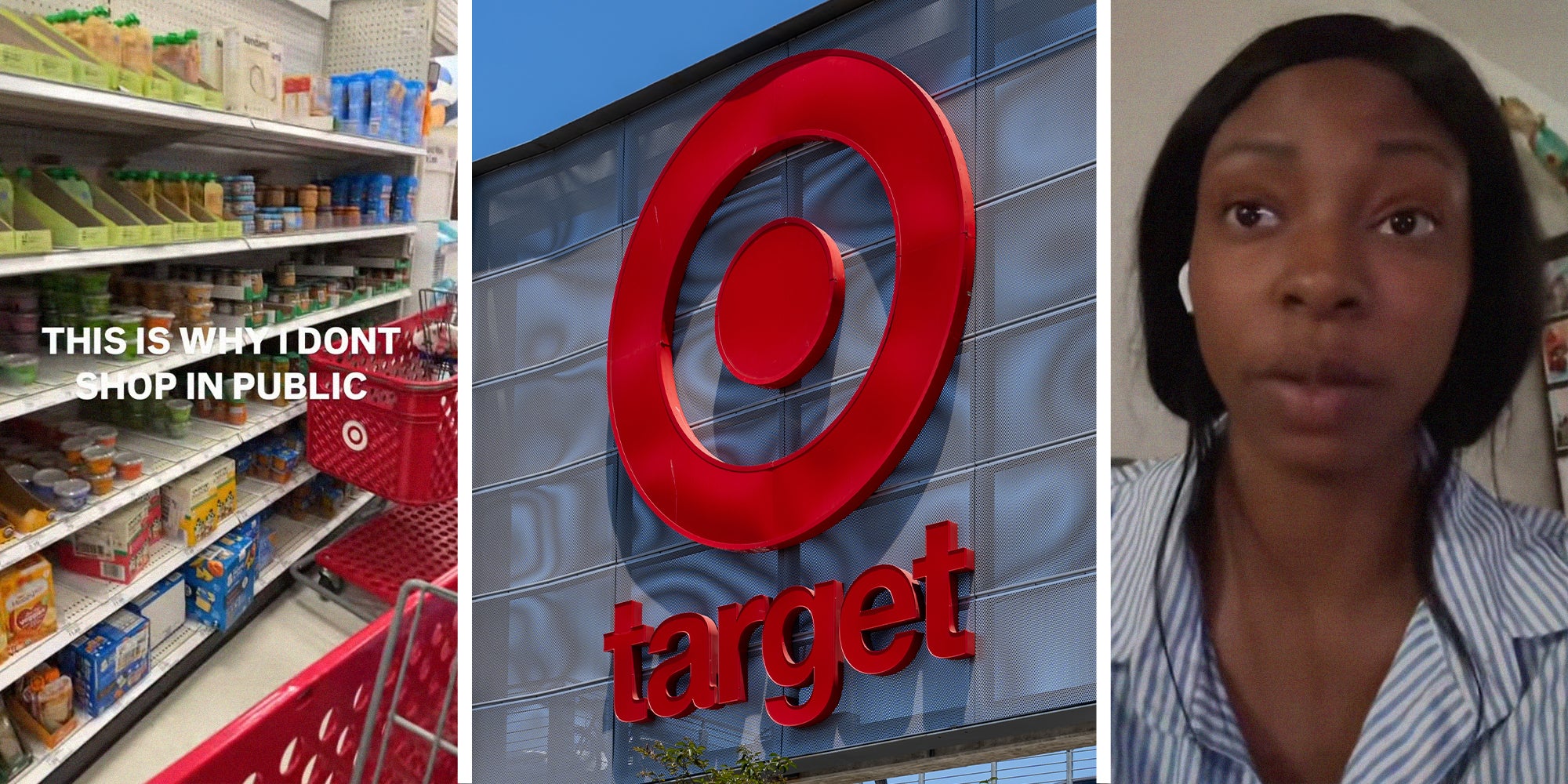 baby food isle at target store(l) Target Store Logo on building(c) Woman shares her experience shopping at target(r)