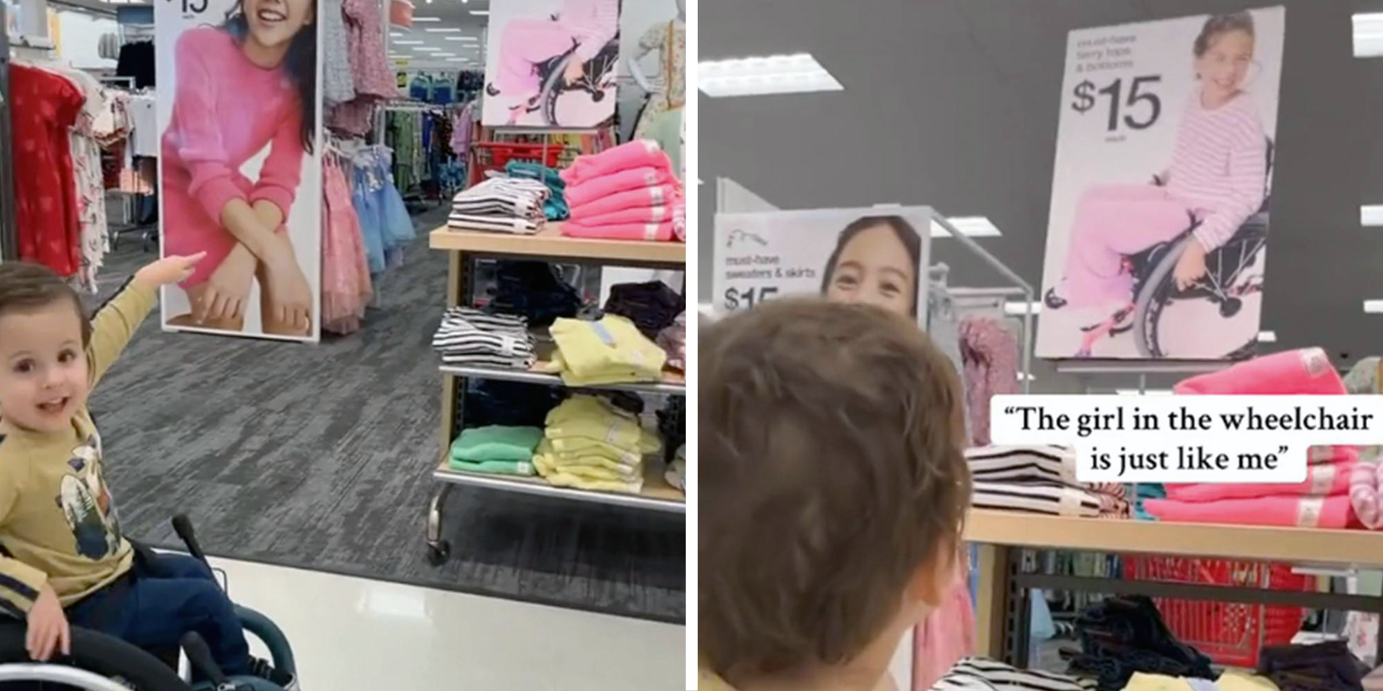 Little boy in a wheelchair pointing at a sign in a Target store showing a model in a wheelchair