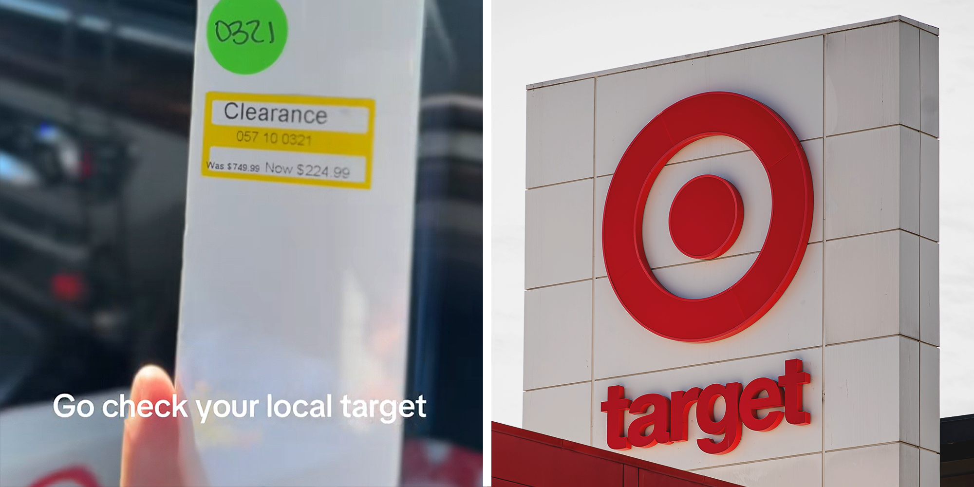Split image. Box with clearance sticker on in and text overlayed that reads: 'Go check your local target' on left. Target sign on right.