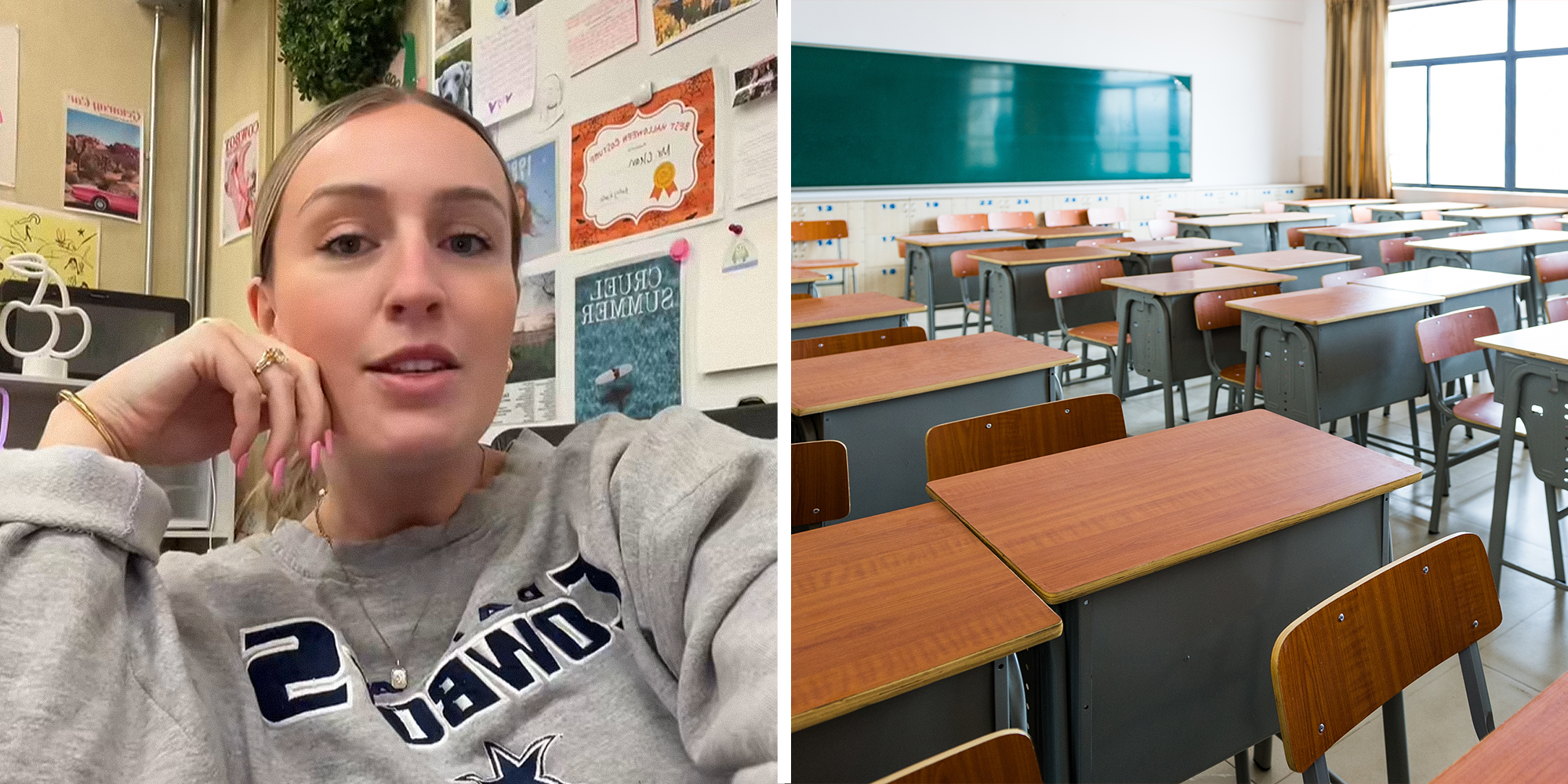 Woman smiling, wearing sweater, in classroom on left. Classroom setting on right.
