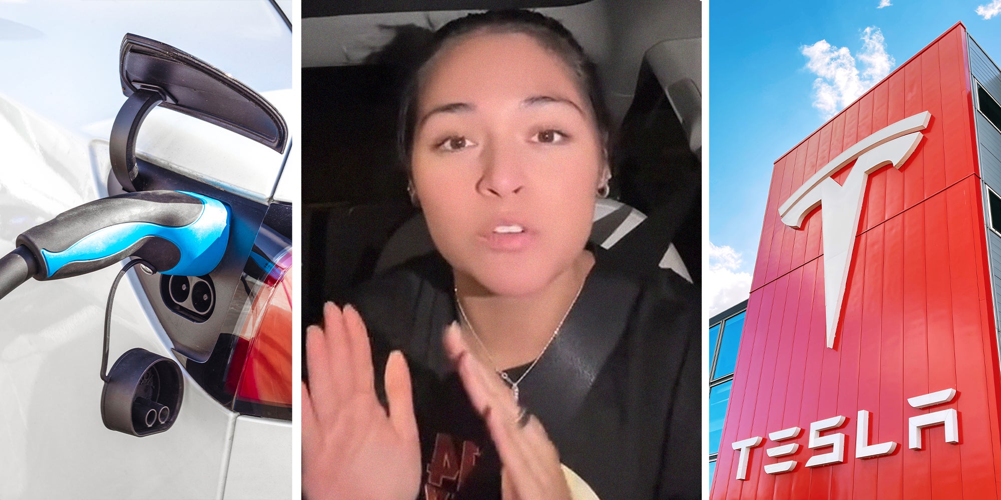 Tesla Car Charger(l) woman shares issues with tesla(l) Tesla dealer sign(r)