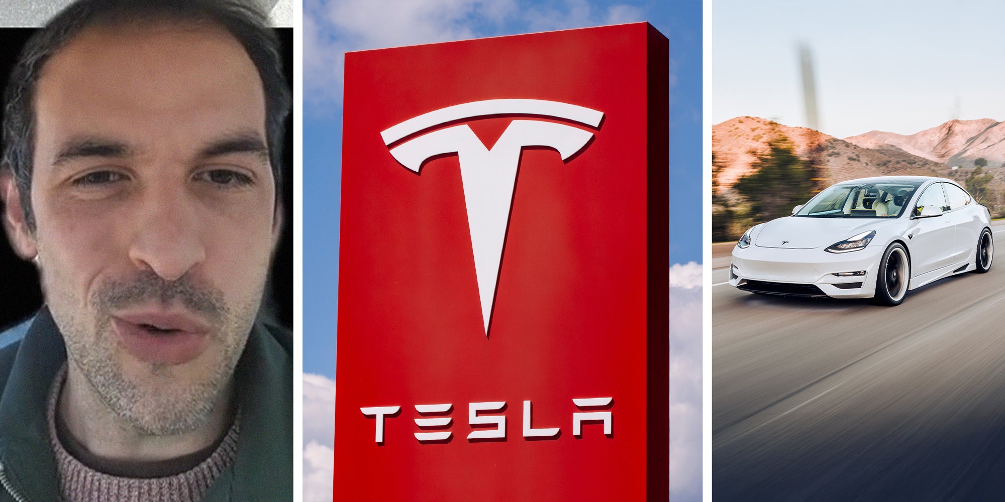 man notices people are disguising their vehicles(l) Tesla Logo Emblem(c) White Tesla Sedan(r)