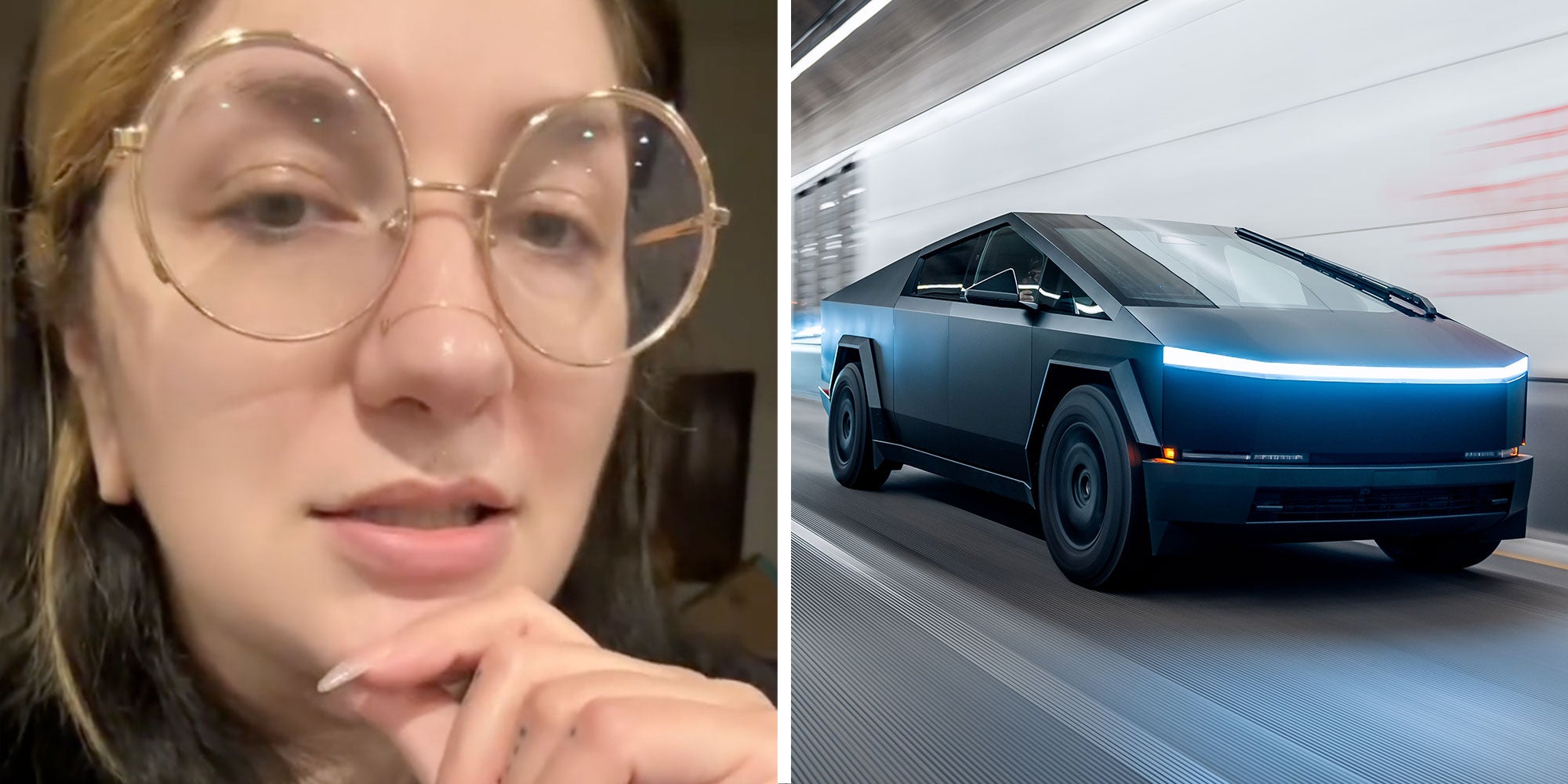 Screenshot of Tiktok user @ajlovescheese; Photo of a Tesla Cybertruck