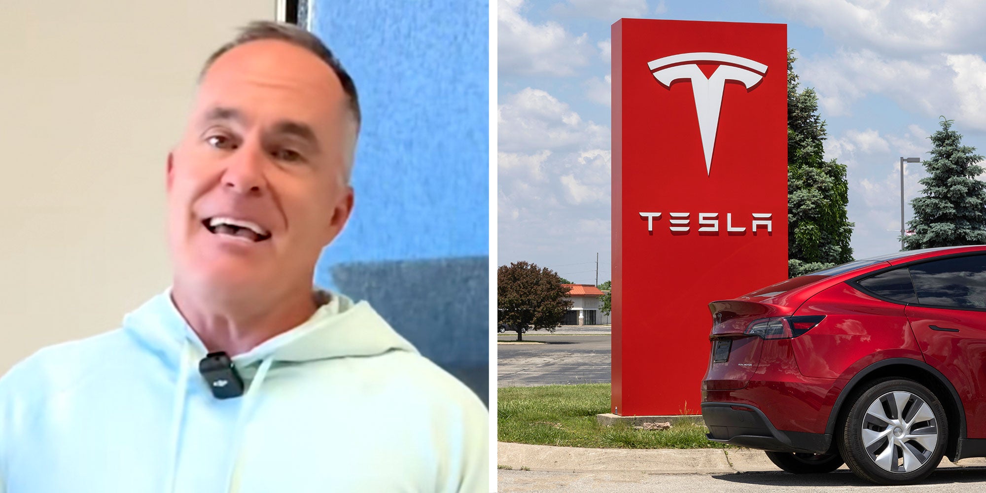 Screenshot of Tiktok user @evautoalex; Photo of a Tesla and a Tesla dealership sign.