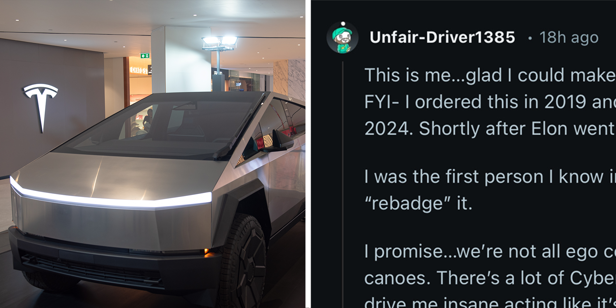 Split image. Tesla cybertruck in showroom on left. Sneak peek of Reddit response on right.