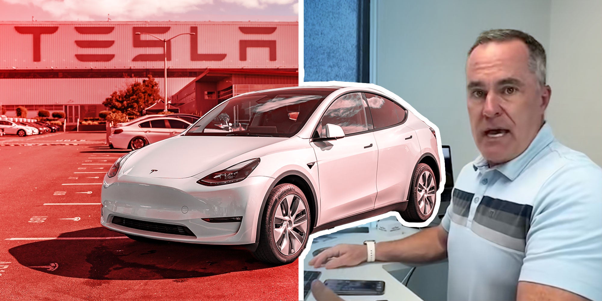 Photo of a Tesla dealership; Screenshot of Tiktok user @evautoalex