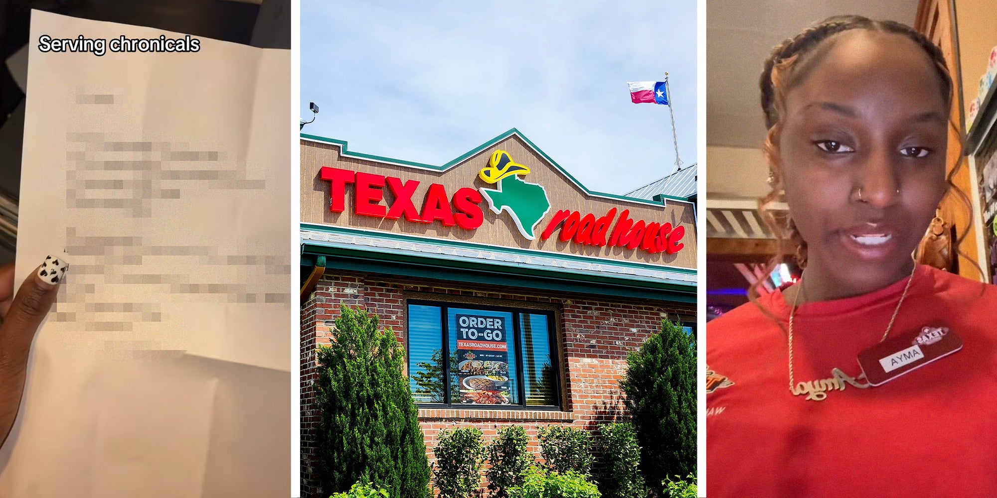 Woman holds up note(l) Texas Roadhouse Building(c) Worker from Texas Roadhouse shares note she was given by customers(r)