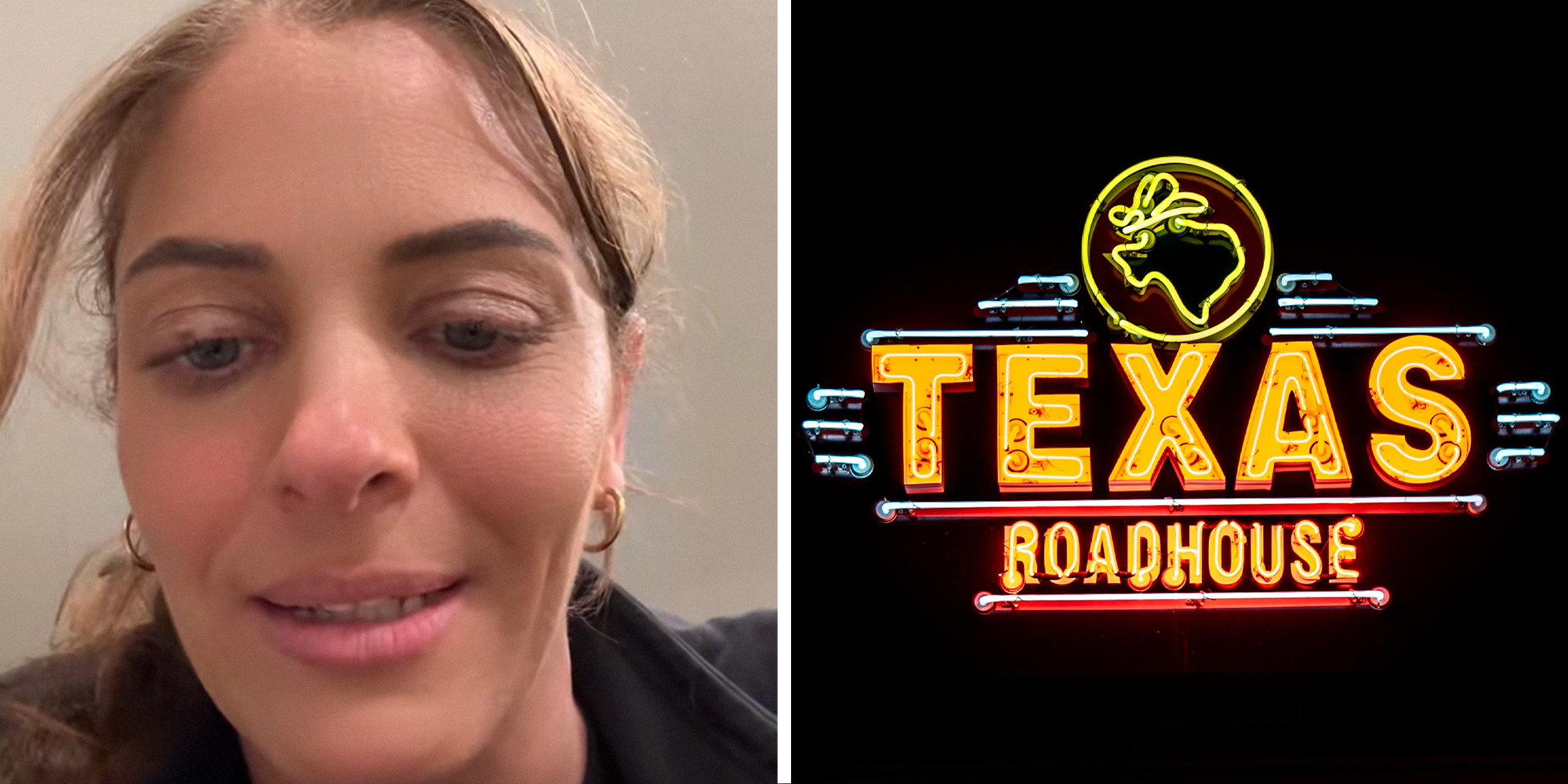 Split image. Woman explaining how to get better deal at Texas Roadhouse left. Texas Roadhouse sign on right.