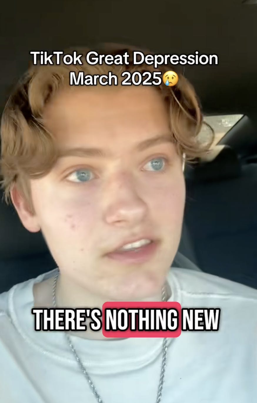Screenshot of a blonde young man with text overlay reading 'TikTok Great Depression March 2025'
