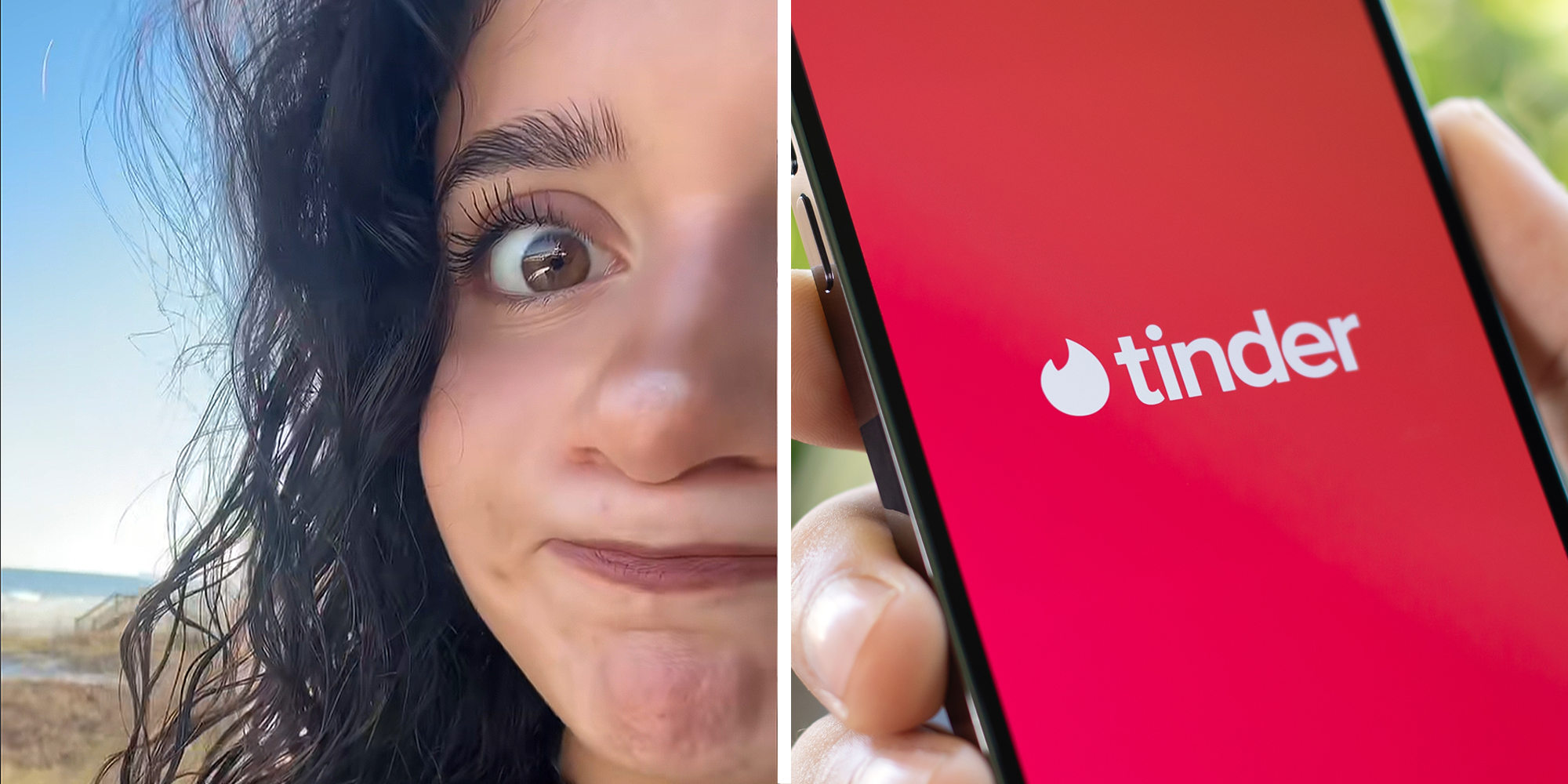 Woman looking shocked and confused on right. Tinder on phone screen on left.