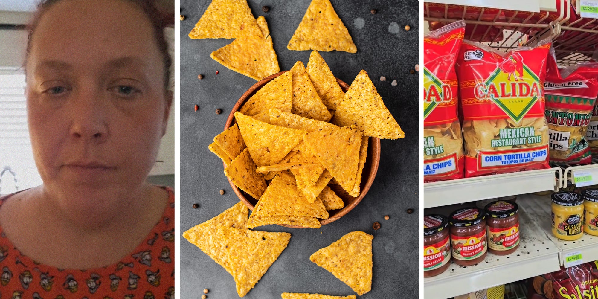 woman buys tortilla chips(l) Tortilla chips overflowing from bowl(c) Calidad Tortilla Chips in store(r)