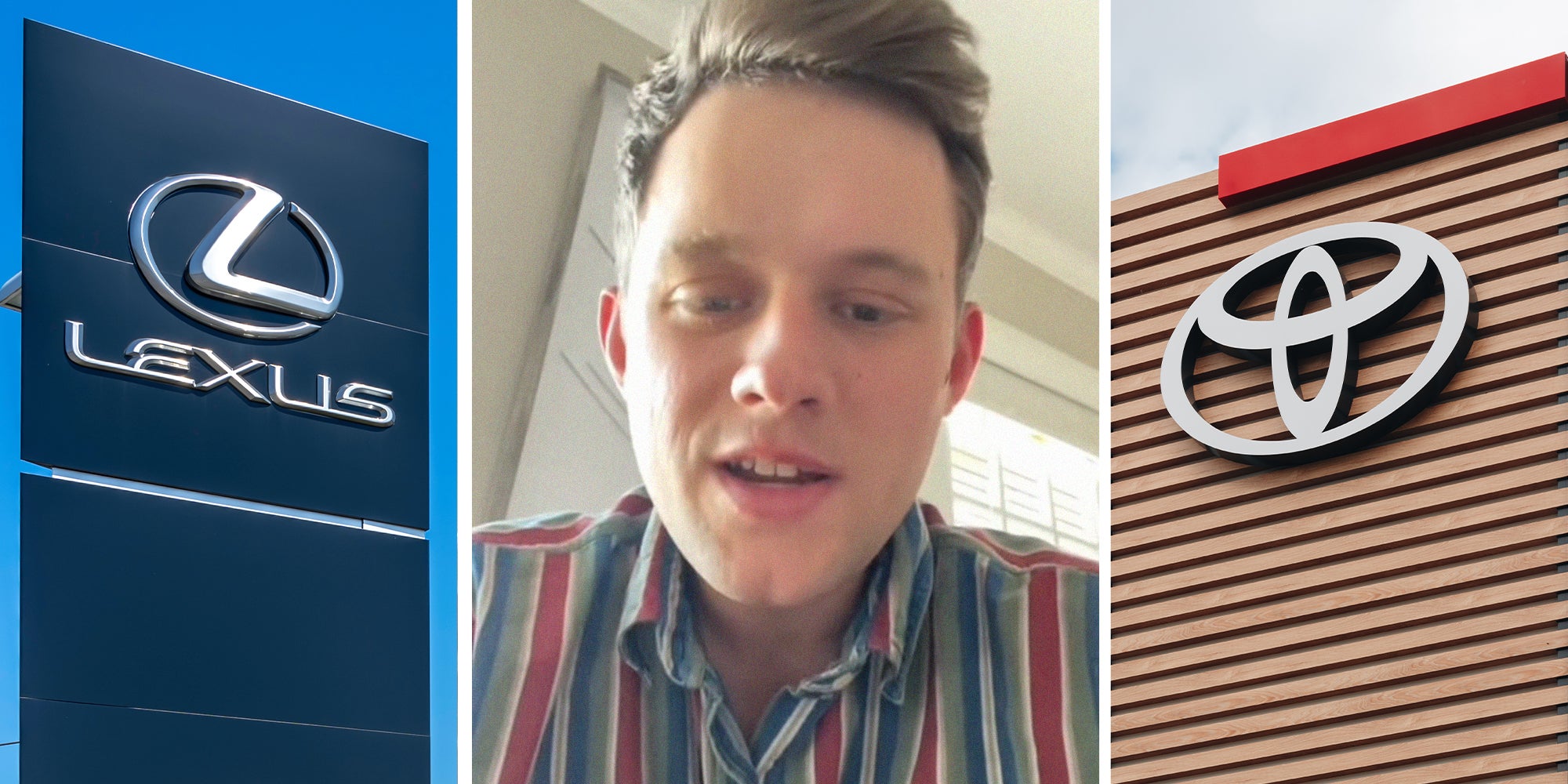 Lexus Dealer Sign(l) Man shares reason to buy a lexus over a toyota(c) Toyota Dealer Sign(r)