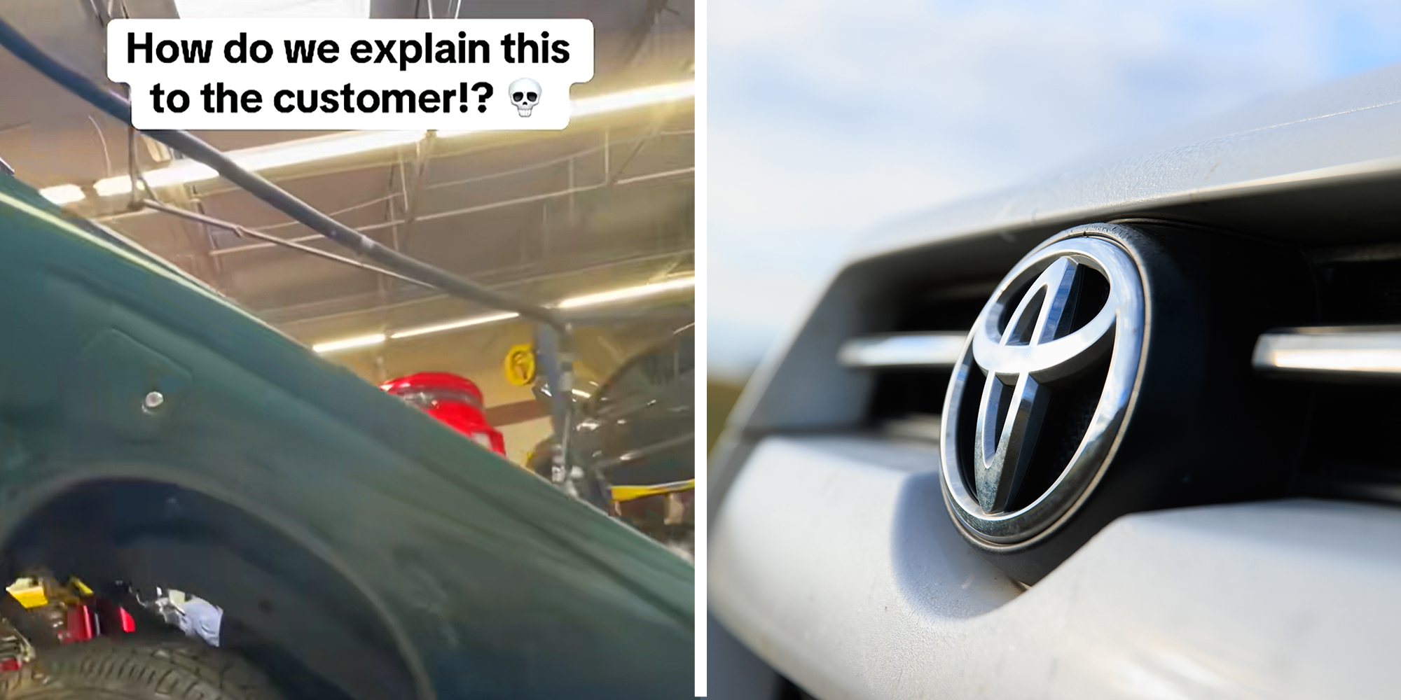 2 image split. Truck totaled with overlaying text that reads: 'How do we explain this to the customer!? (skull emoji)' on left. Toyota logo on right.