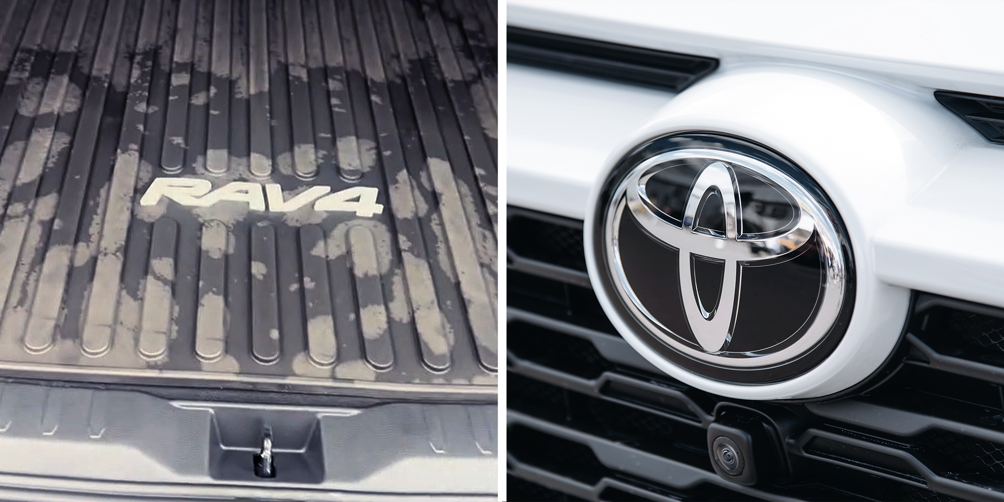 Rav 4 trunk mat in back of car on left. Toyota logo on car on right.