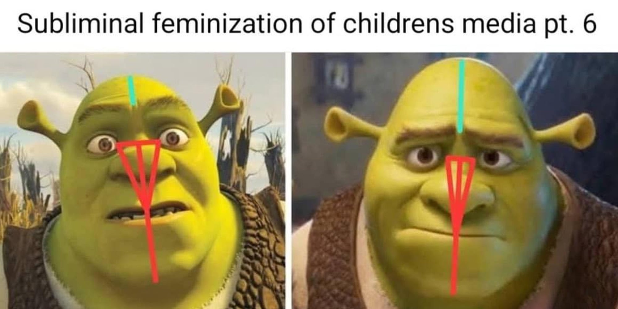 Split of older shrek and new shrek with shapes over their face and text 'subliminal feminization of childrens media pt. 6'
