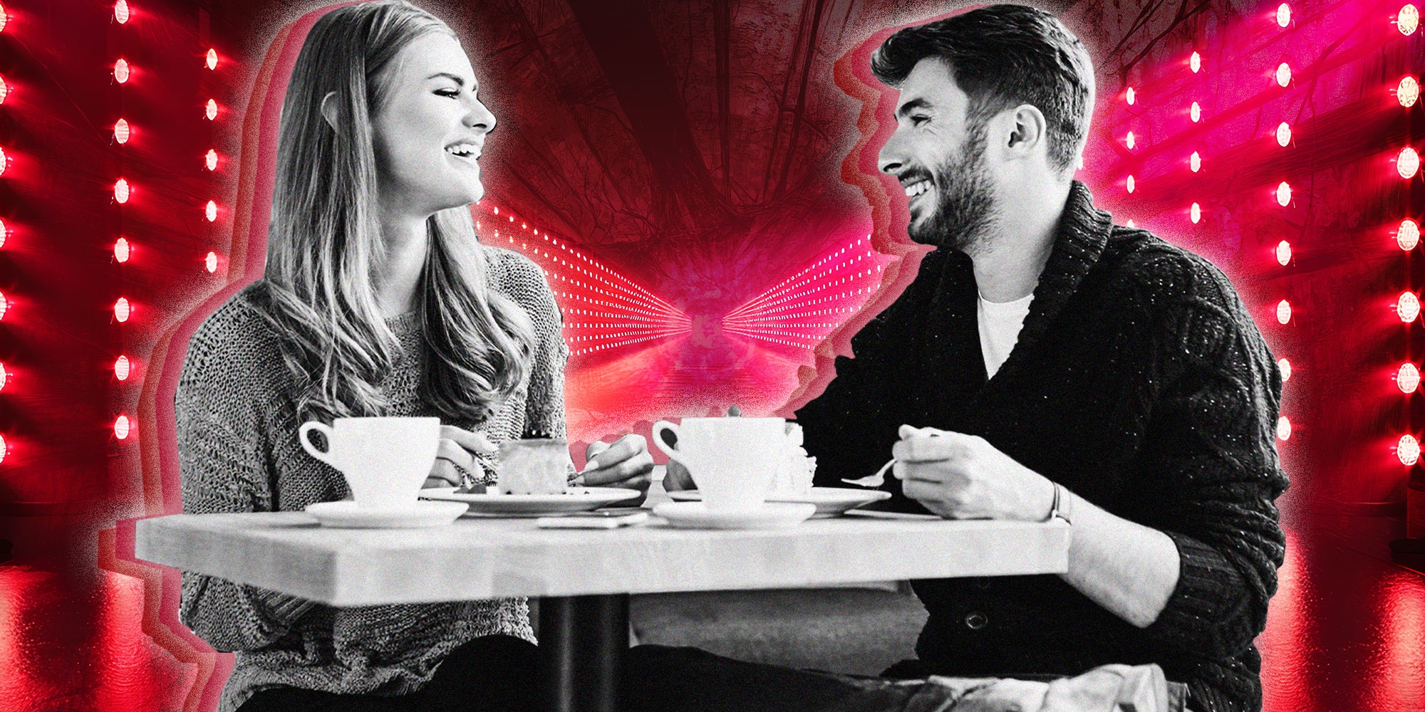 Couple on a date with red illustration background