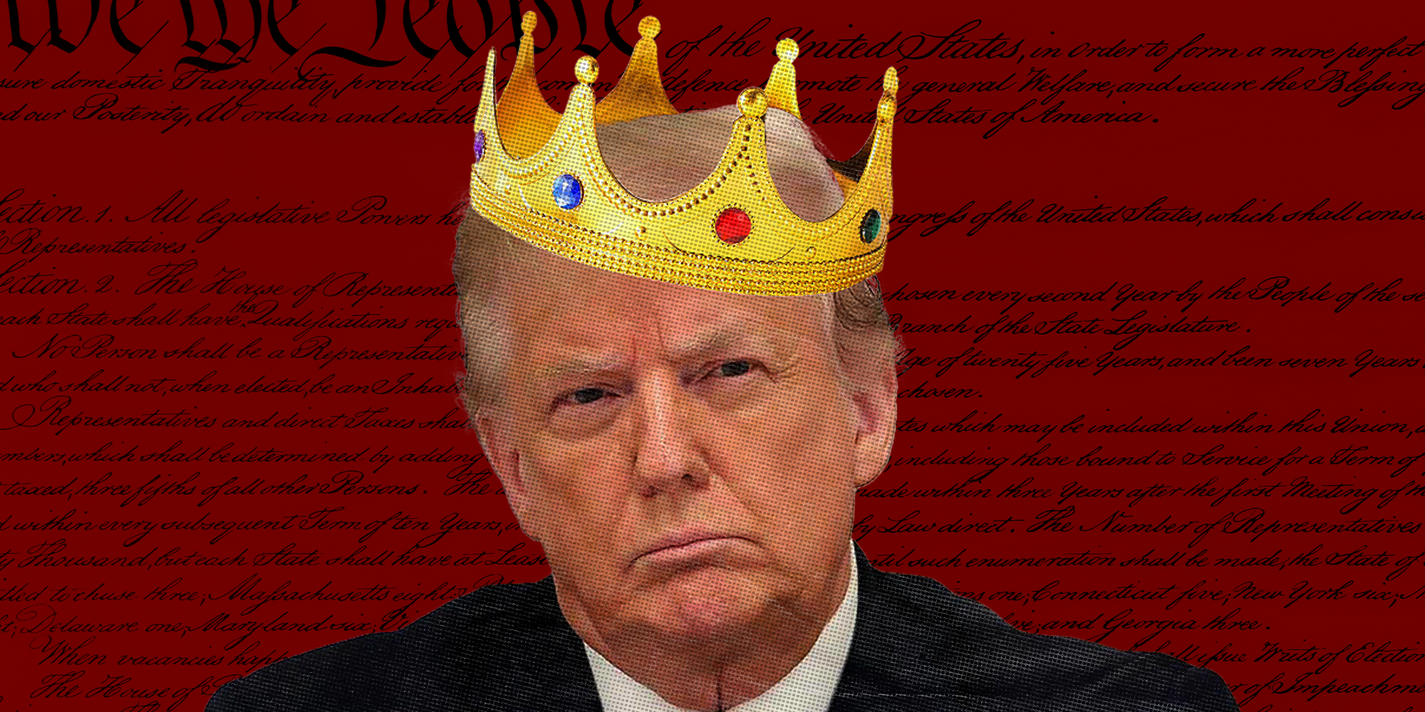 Trump with crown on his head. Constitution in the background.