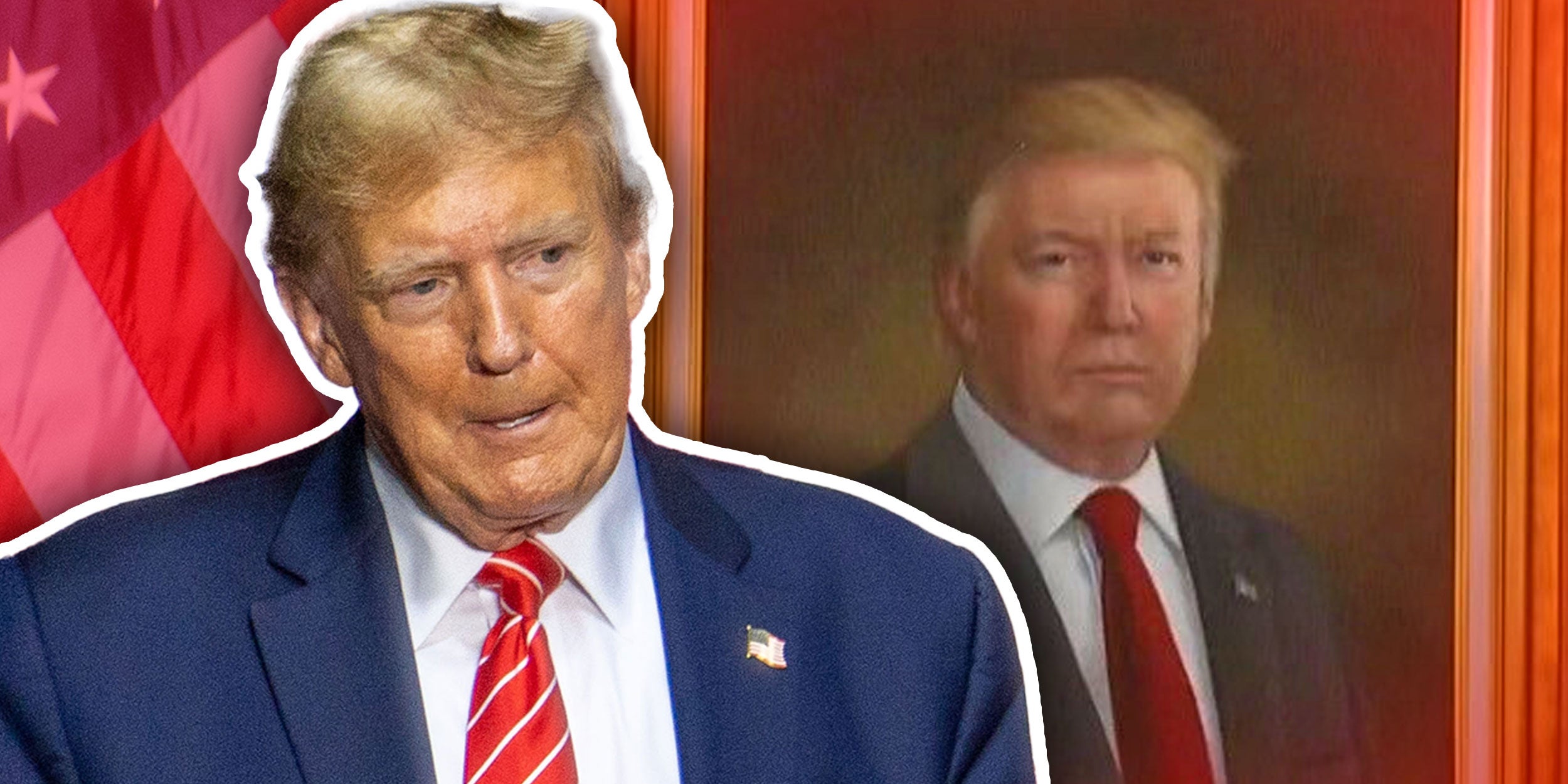 Photo of Donald Trump in front of an American Flag; Photo of a portrait of Donald Trump.