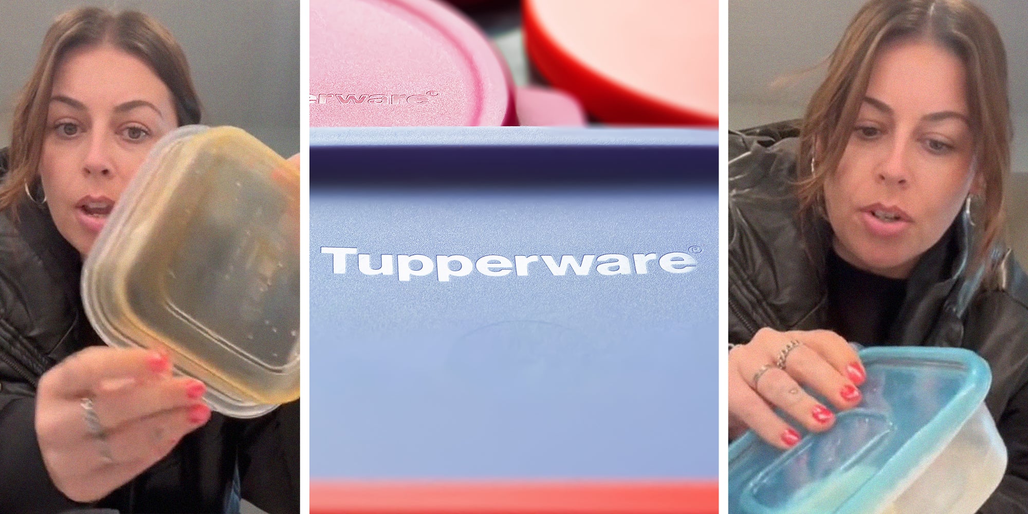 woman holding up tupperware(l) Tupperware logo(c) Woman opening tupperware(r)