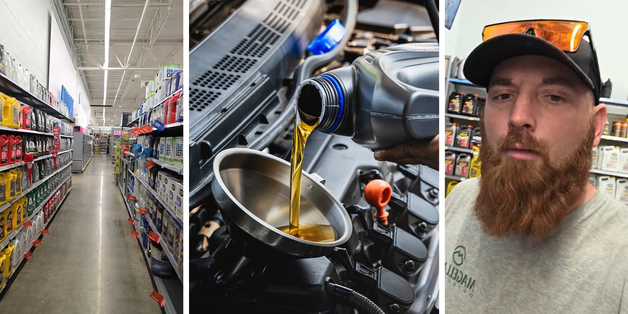 row of oil at store(l) Pouring Oil on engine(c) man shares lack of regular oil in store(r)