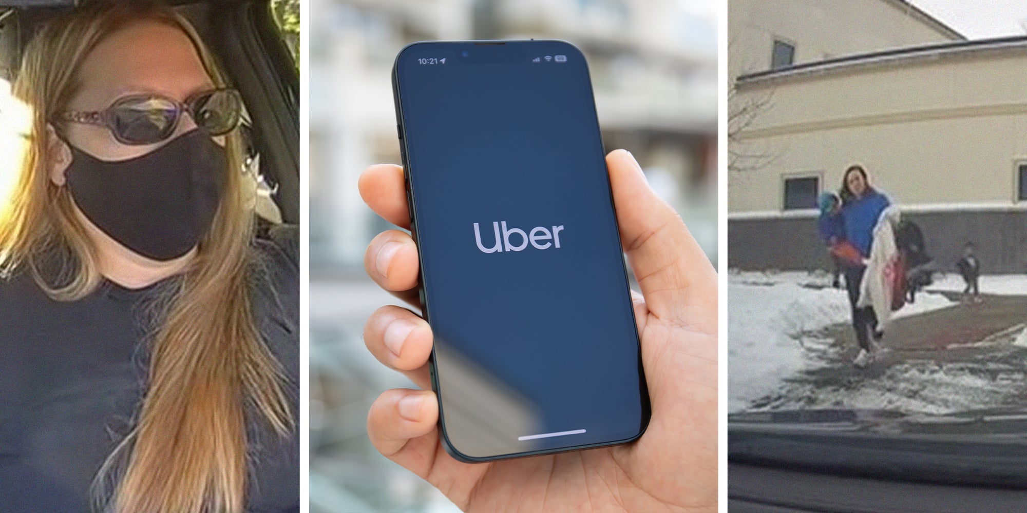 woman wearing sunglasses and a face mask(l) Uber logo on phone display(c) Blurred image of mom walking with kids(r)