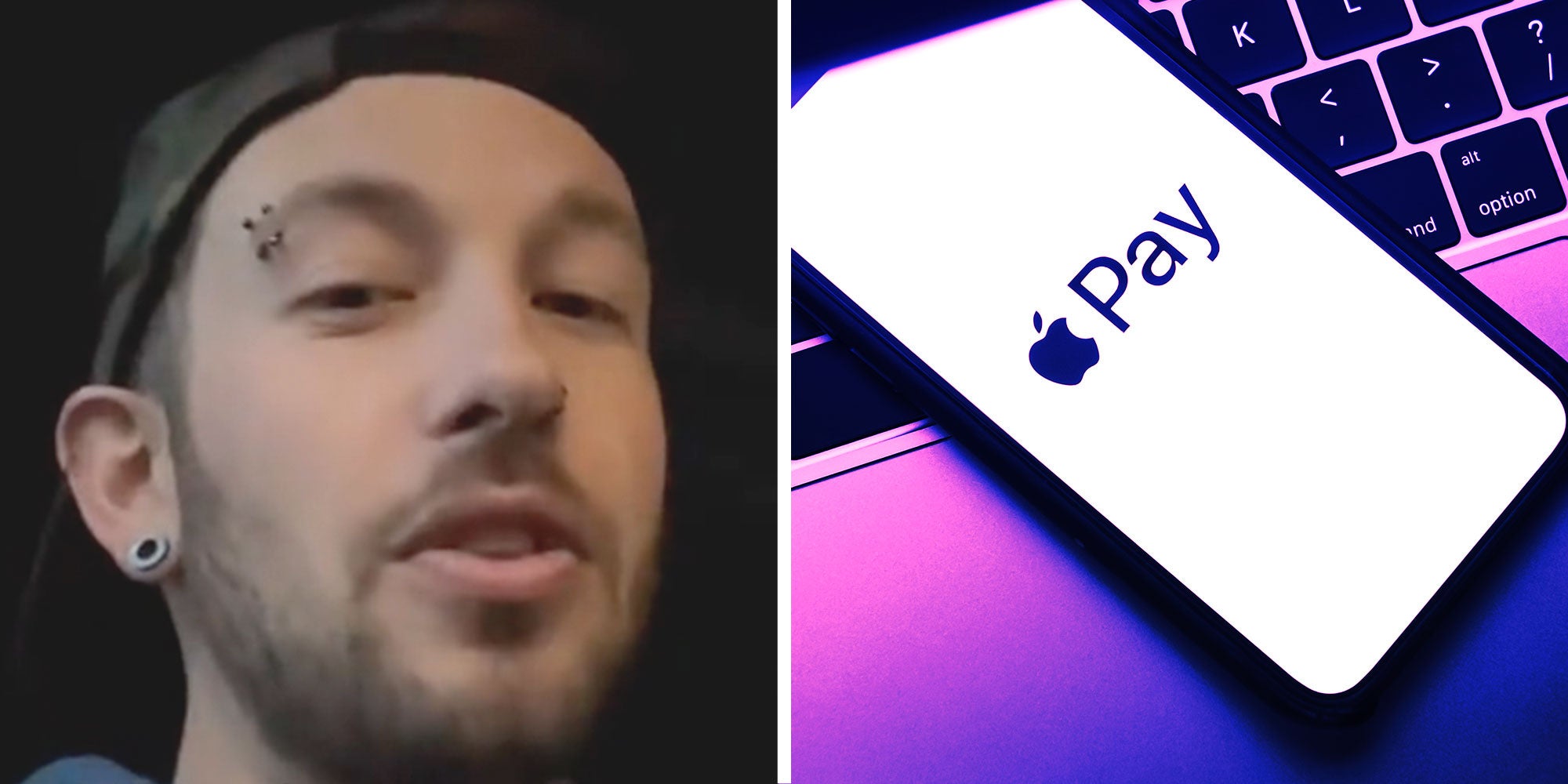 Screenshot of Tiktok user @a_raccoons_diq; Photo of a Photo on a Laptop keyboard with the Apple Pay logo.