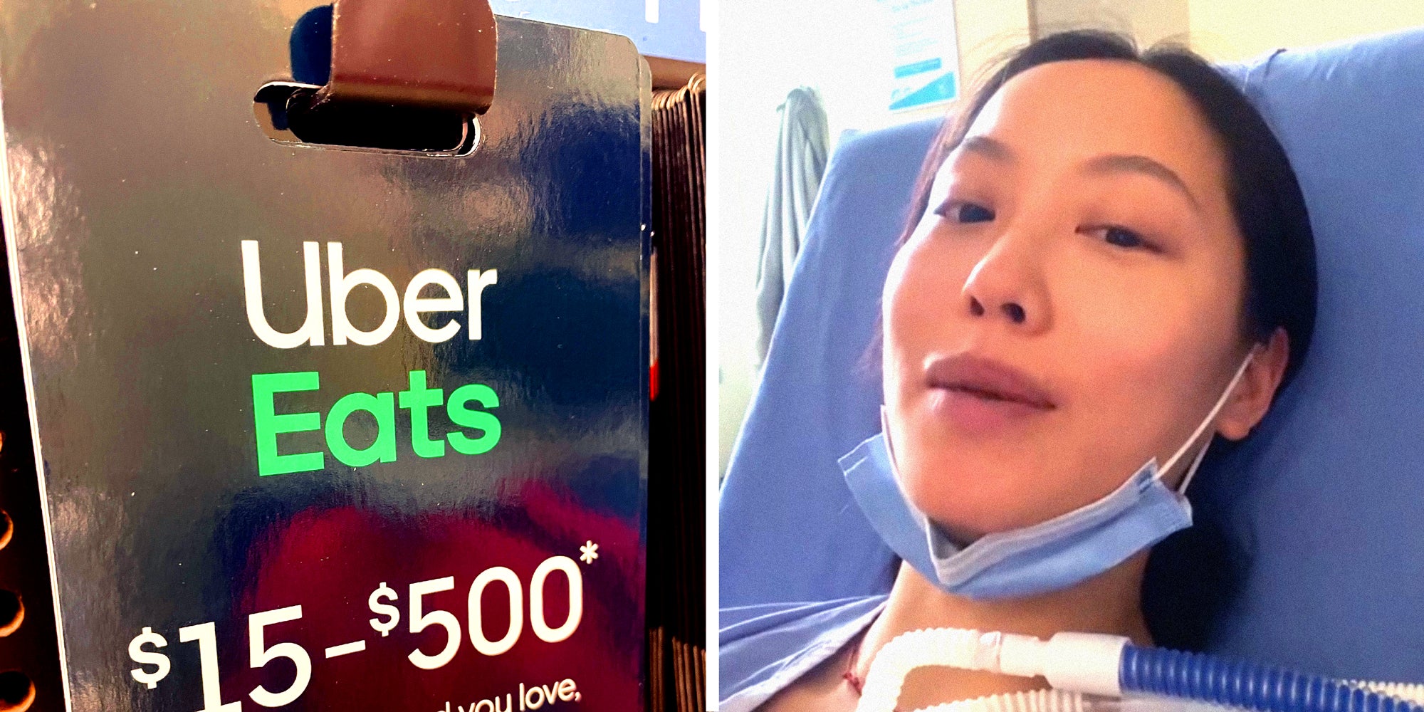 2 panel image of a rack of Uber Eats gift cards, and person in a hospital bed.