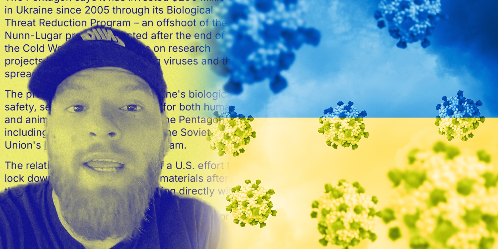 Photo collage, A person explains in front of the Ukrainian flag. Viruses float around.